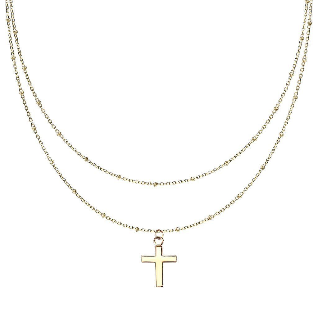 BUNGSA Goldkette Kette Doppelkette Kreuz gold aus Edelstahl Damen (1-tlg), Halskette Necklace