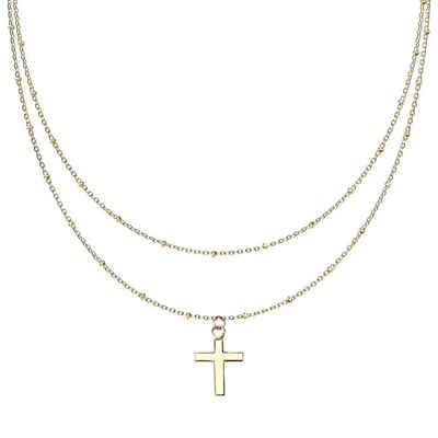 BUNGSA Goldkette »Kette Doppelkette Kreuz gold Edelstahl Damen« (1-tlg., inkl. Schmuckbeutel aus Organza), Halskette Necklace