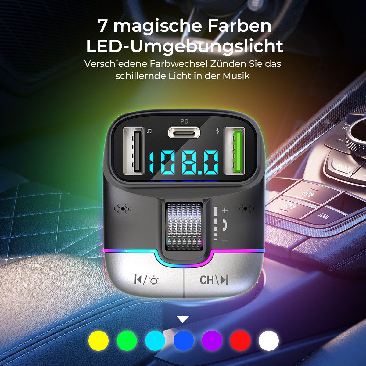 VSIUO FM Transmitter, Auto Adapter KFZ-Transmitter Bluetooth 5.0 zu USB-C, 3-in-1 MP3 Player mit 3 USB Anschlüsse, Freisprechfunktion