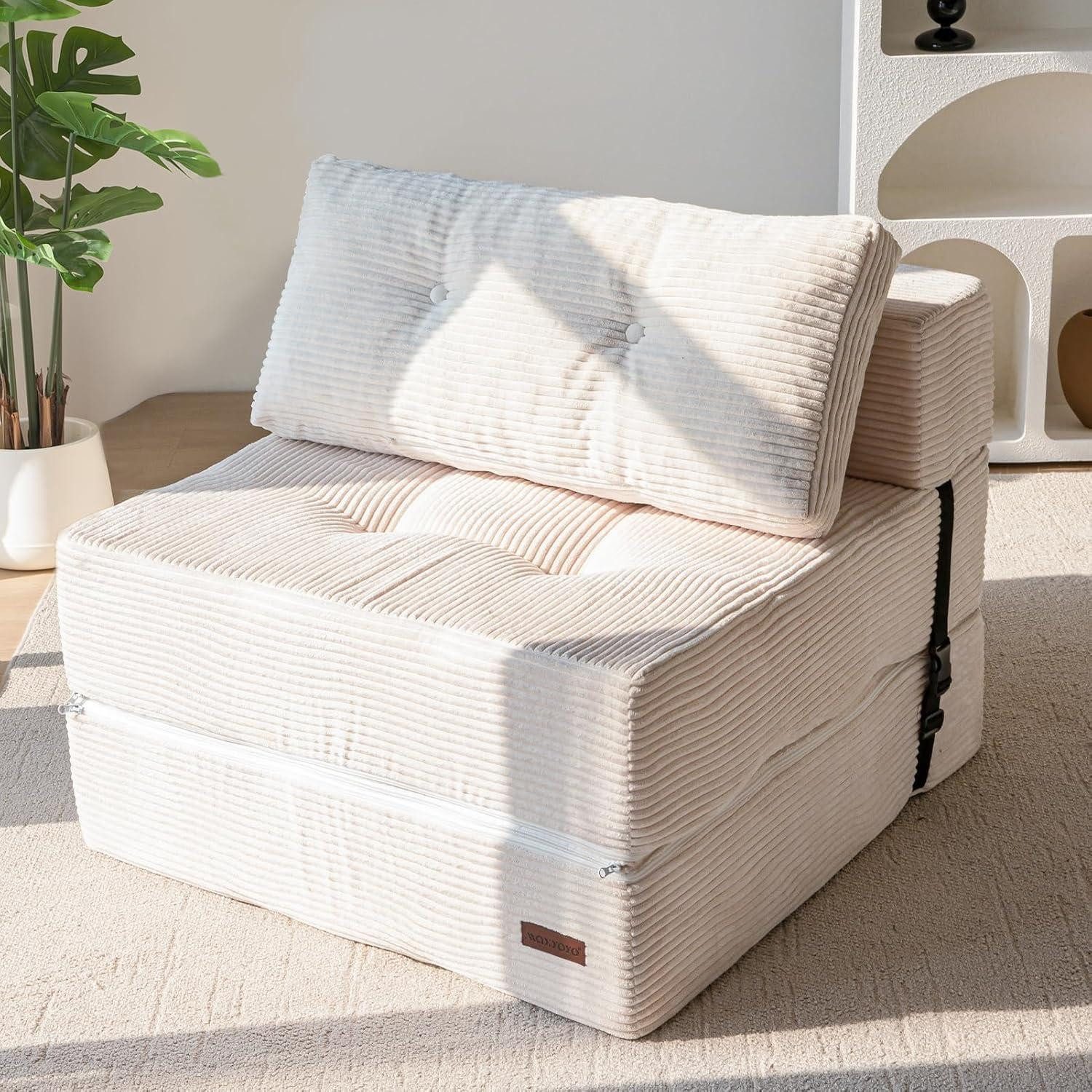 LuxusKollektion Schlafsofa Klappsofa Schlaffunktion 4in1 Stützschaum Bodenliege Creme