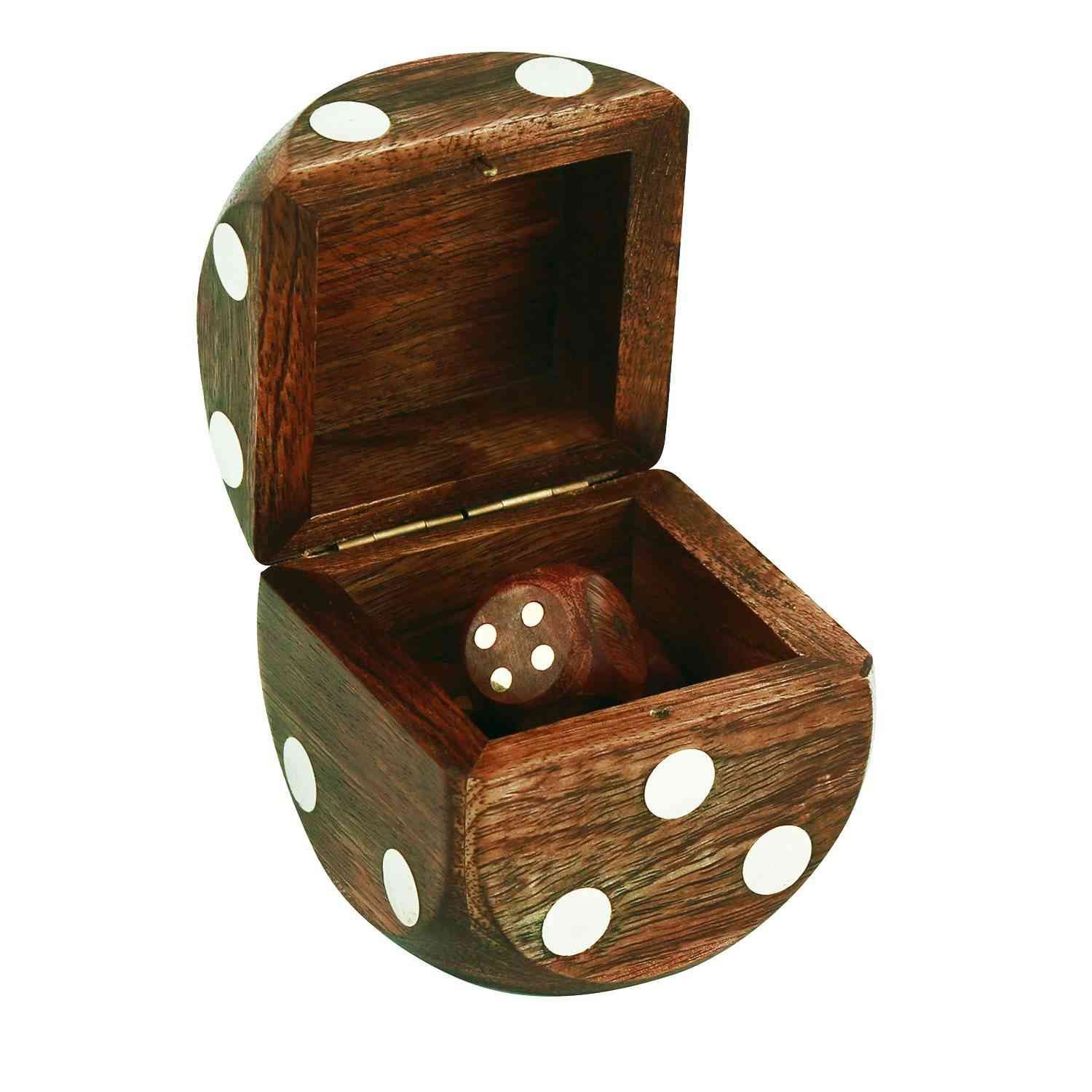 NKlaus Dekofigur Würfelbox mit 6 Würfeln aus Mango-Holz/Messing, 7,5x7,5x7,5cm – Mariti, Made in Germany