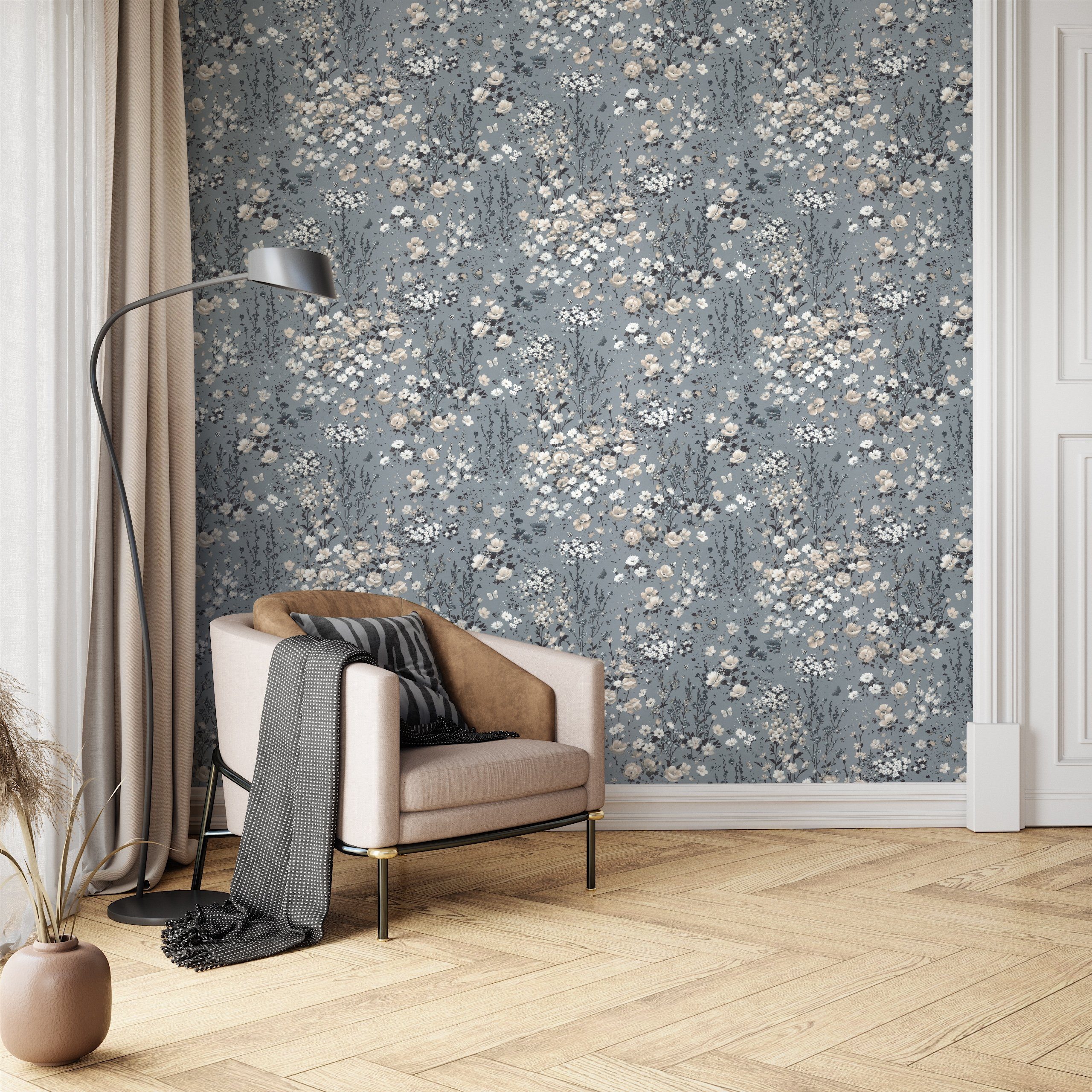 Newroom Vliestapete Lavant Tapete Blumentapete Blumen,Blüten,Wiese, Grau Tapete Landhaus Blumen - Blumentapete Beige Anthrazit Romantisch Floral Blüten Wiese für Wohnzimmer Schlafzimmer Büro, modern