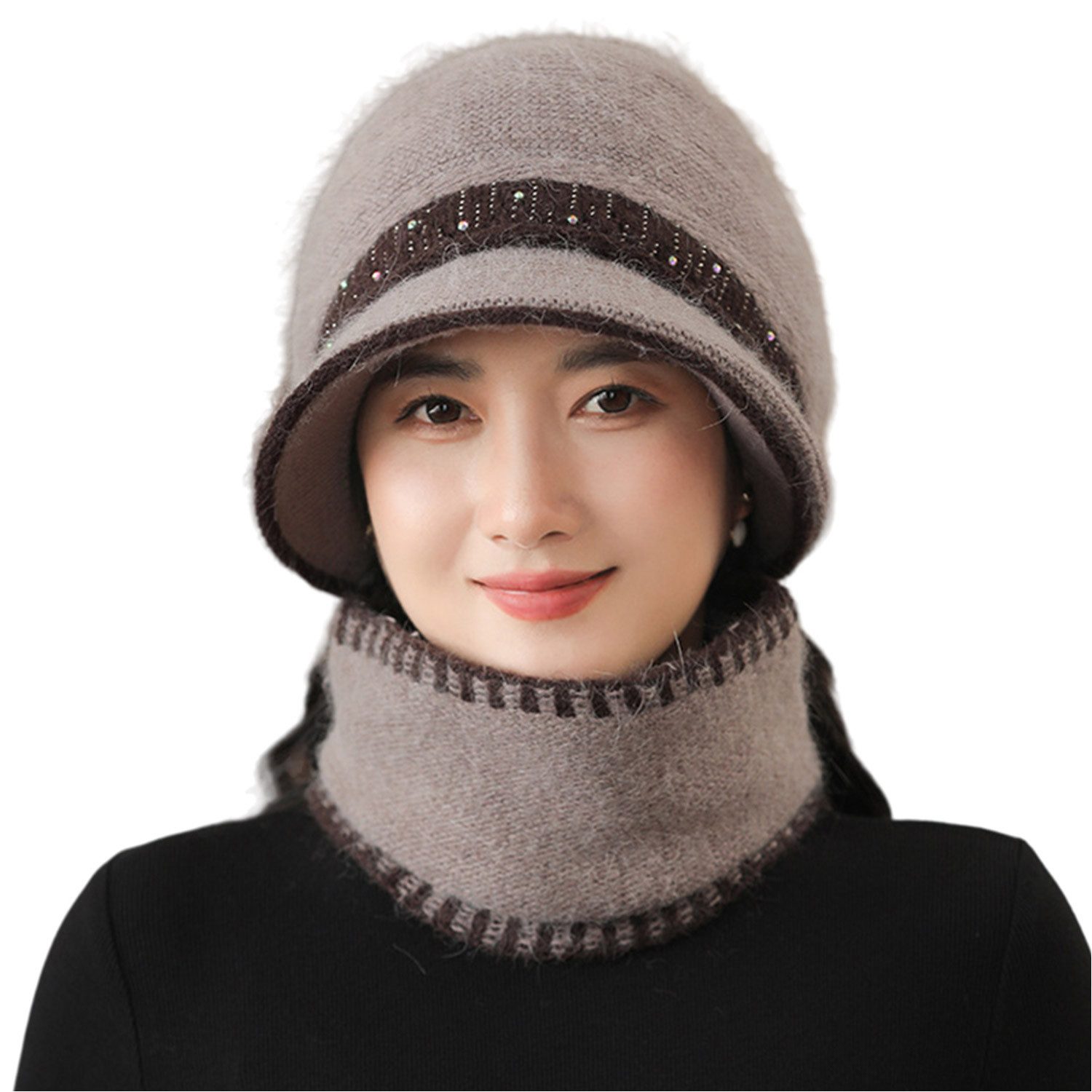 Mütze & Schal Wintermütze mit Loop Schal Warme Strickmütze Kontrast Wollmütze