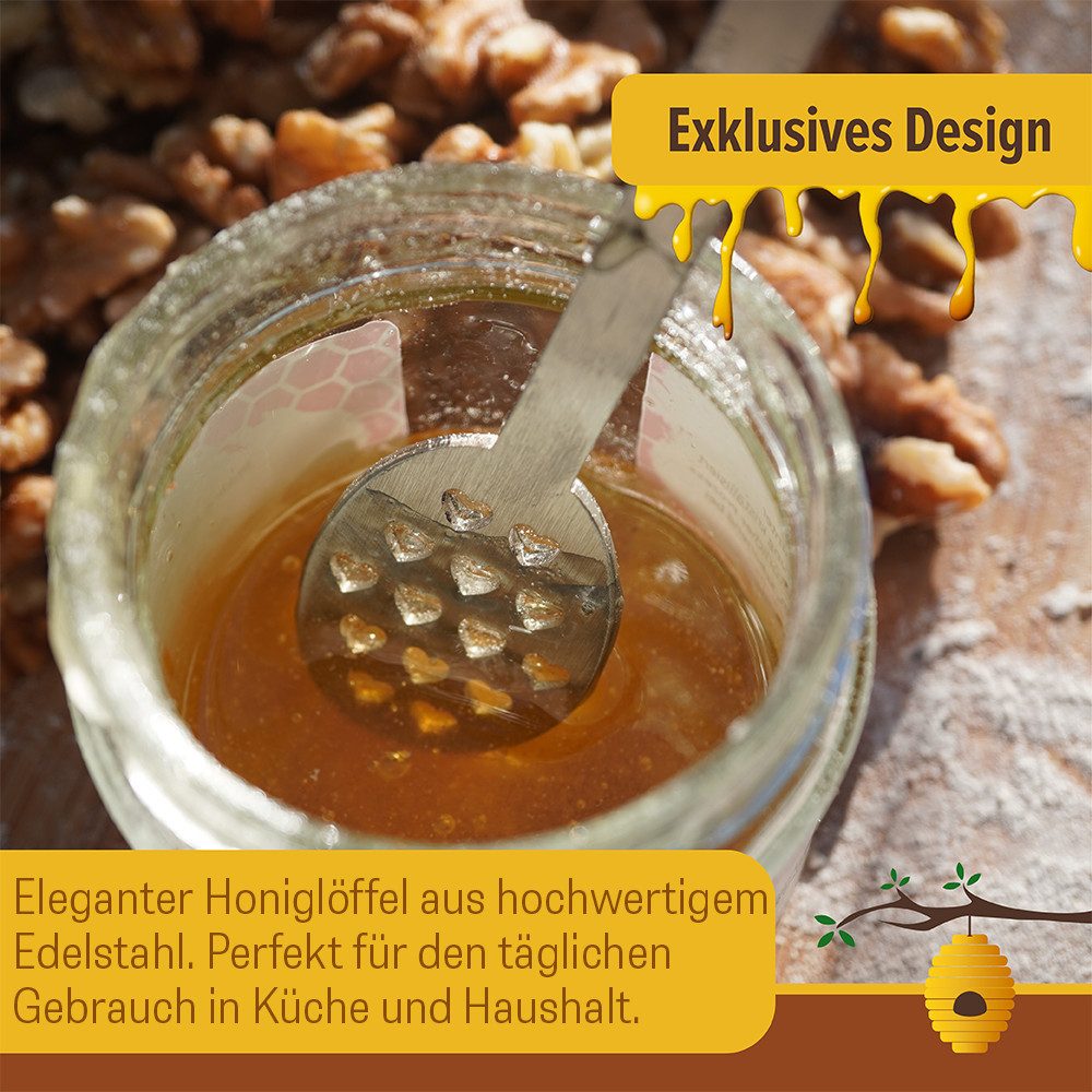 Feuerfest 123 GmbH Servierlöffel Honiglöffel „Herzen“ Edelstahl, Für Honig, Cremehonig oder Sirup - Honey Spoon Honigstab Honigheber – Bild 5 von 5