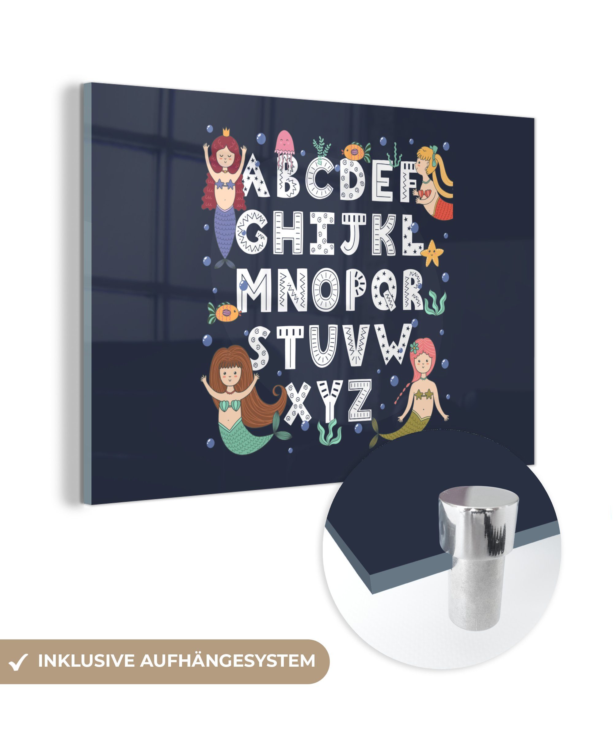 MuchoWow Acrylglasbild Illustration Alphabet mit Meerjungfrauen, (1 St), Acrylglasbilder Wohnzimmer & Schlafzimmer