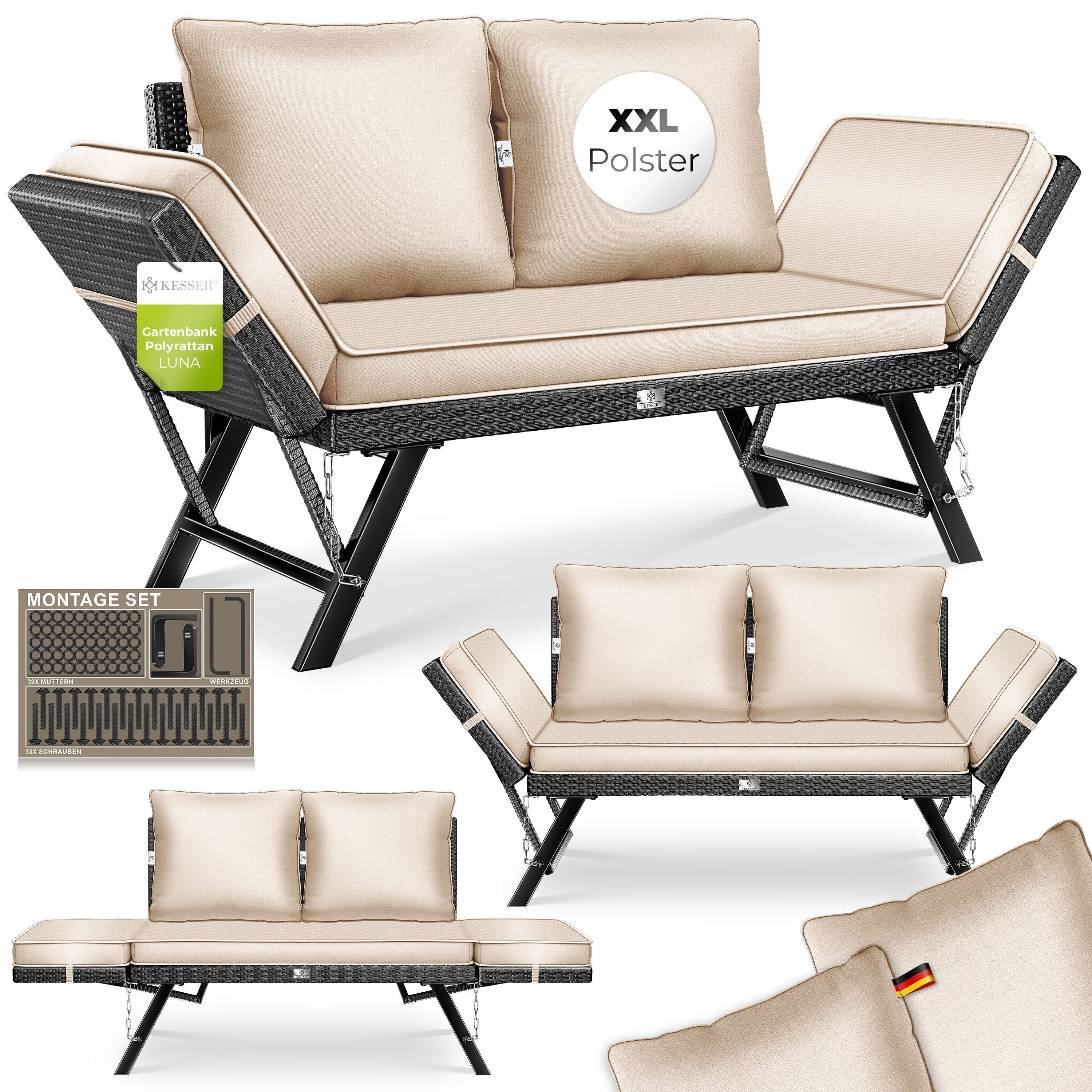 KESSER Gartenbank Polyrattan Gartensofa 4-in-1 mit Liegefunktion & Verstell-Funktion (Gartencouch mit Sitzkissen & Rückenkissen Extra Dicke & Weiche Polster), Balkon-Sofa Wetterfest für Garten, Balkon & Terrasse