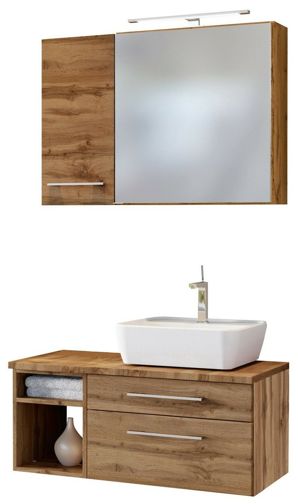 HELD MÖBEL Badmöbel-Set Waschtisch-Set Davos 90 cm -F- (rechts) Wotaneiche/Wotaneiche