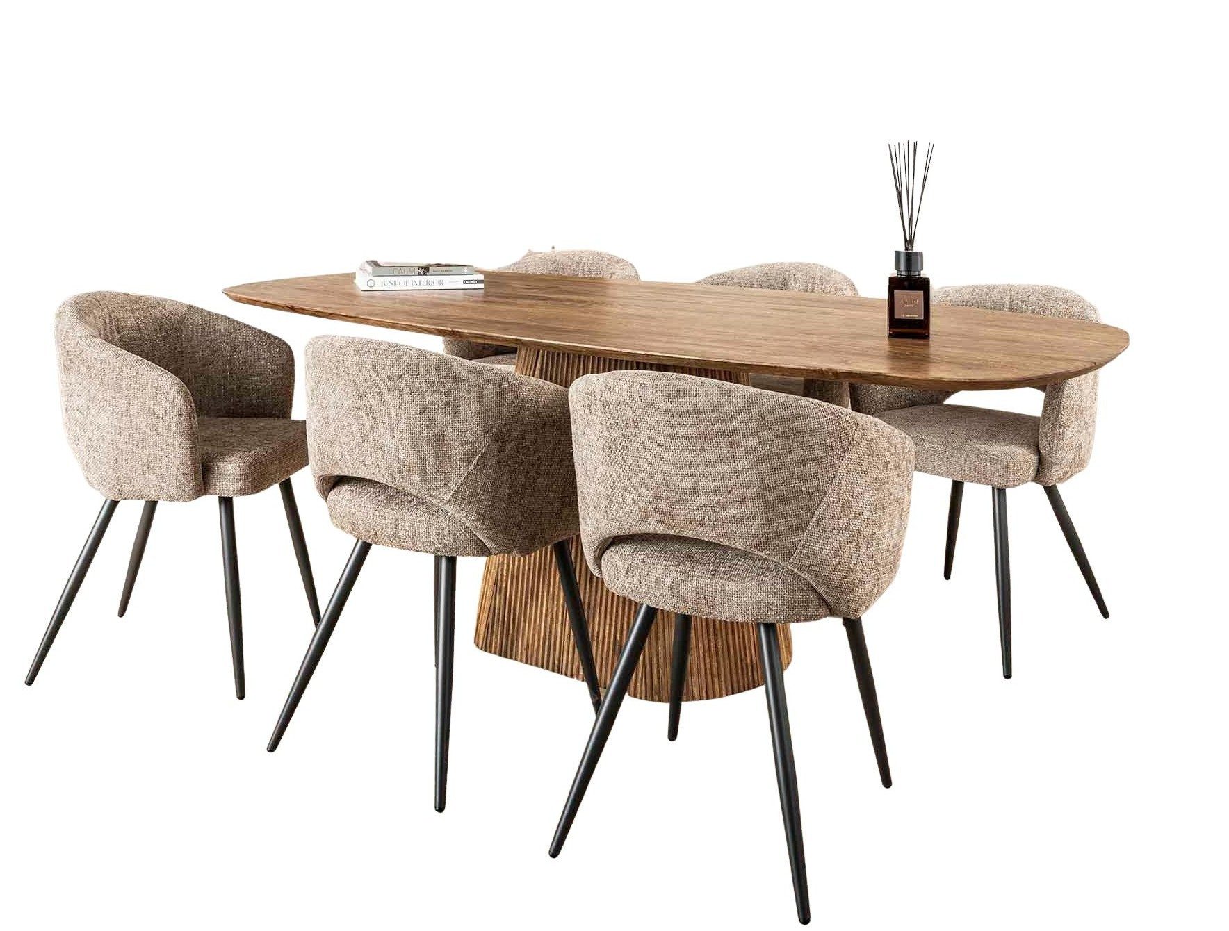 Maison ESTO Essgruppe 7´er Set Esstisch NORDIC LINEA oval + 6 Esszimmerstuhl LAJA, (7-tlg), bestehend aus 1 Tisch 215 cm + 6 Armlehnstühle