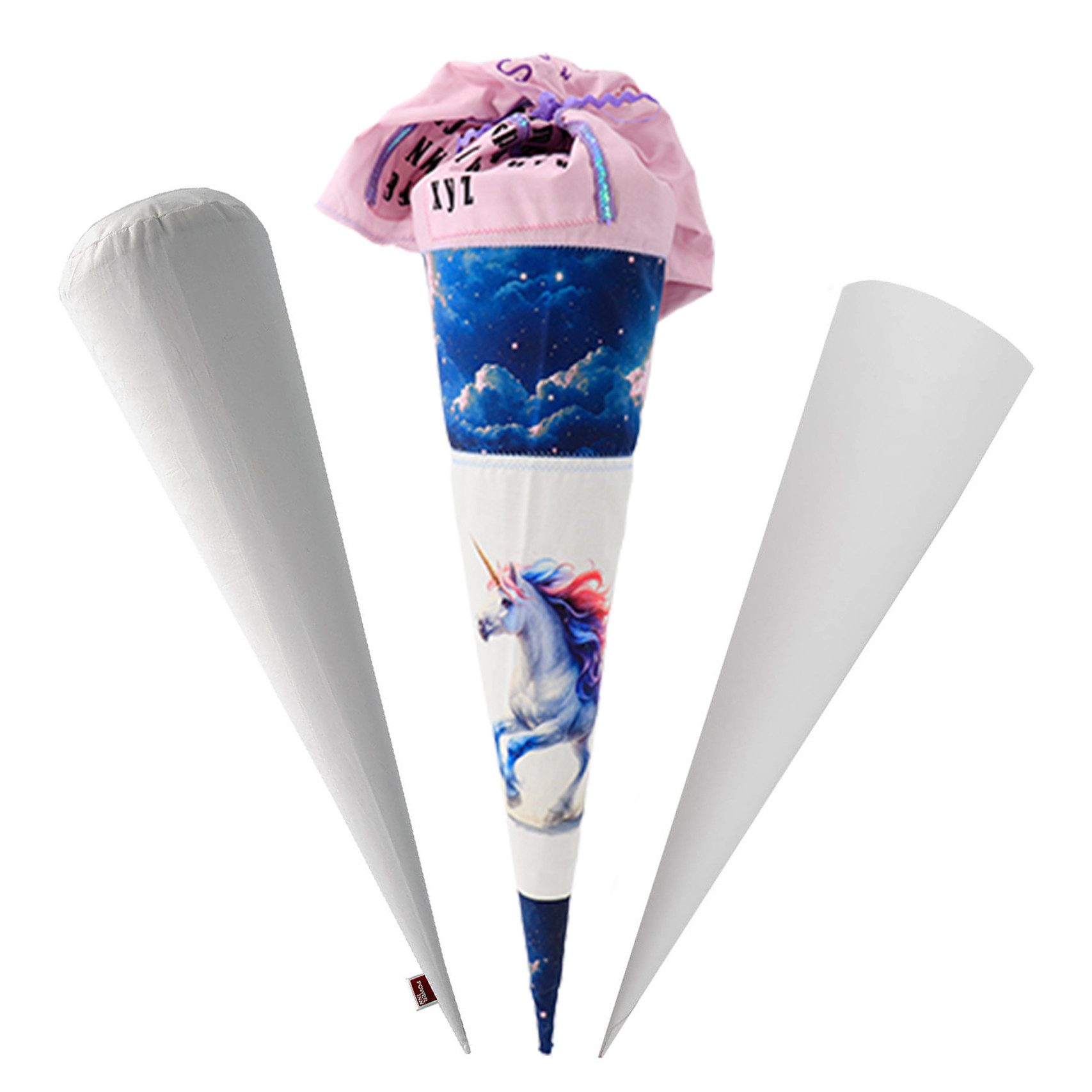 POWER INN Schultüte Schultüten-Set Einhorn/Lila (inkl. Schultütenkissen+Papprohling 70cm)