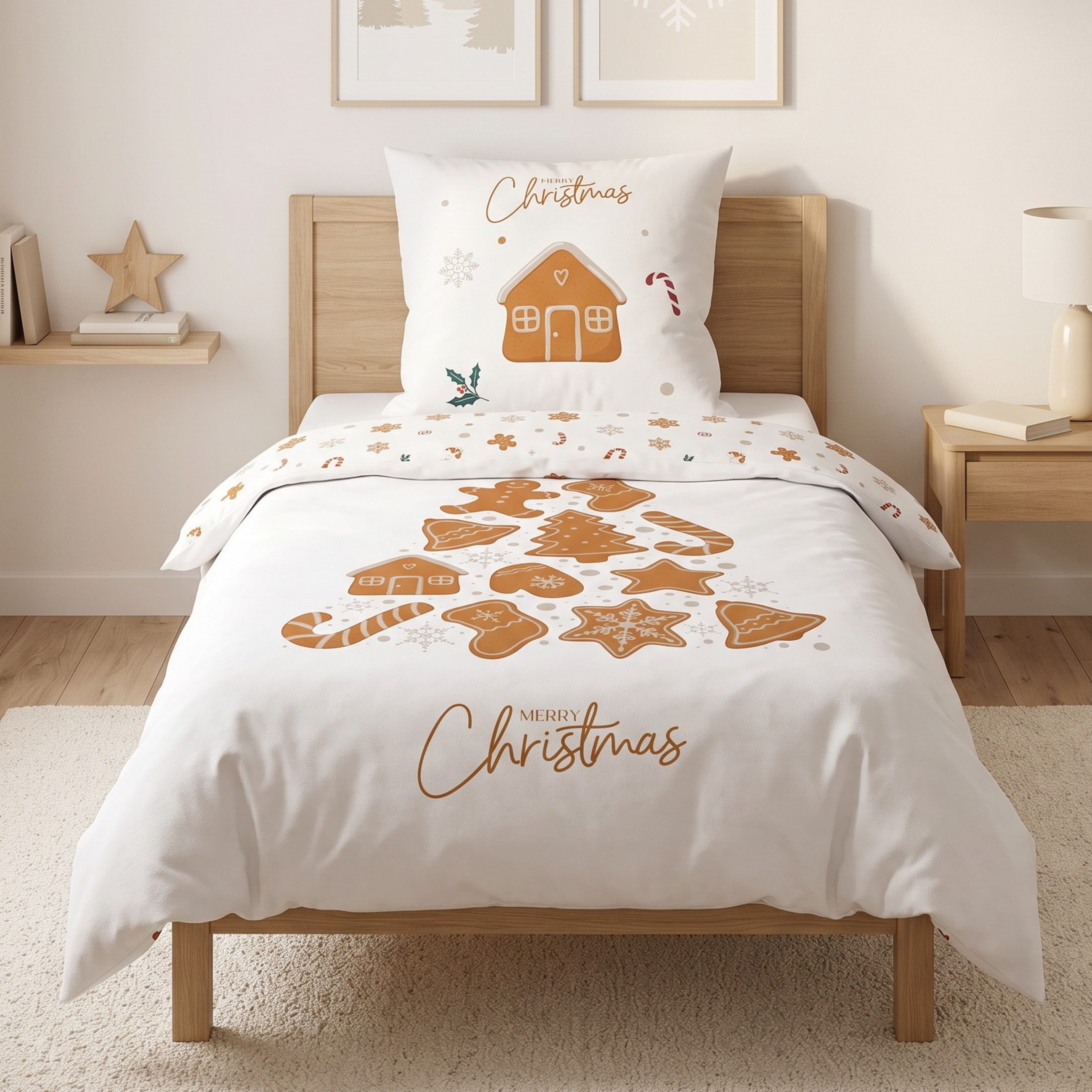 MTOnlinehandel Bettwäsche Weihnachten 135x200 cm Flanell, Lebkuchen & Weihnachtsbaum, 100% Baumwolle, 2 teilig, Wendebettwäsche mit Zuckerstangen, Plätzchen & Lebkuchenhaus