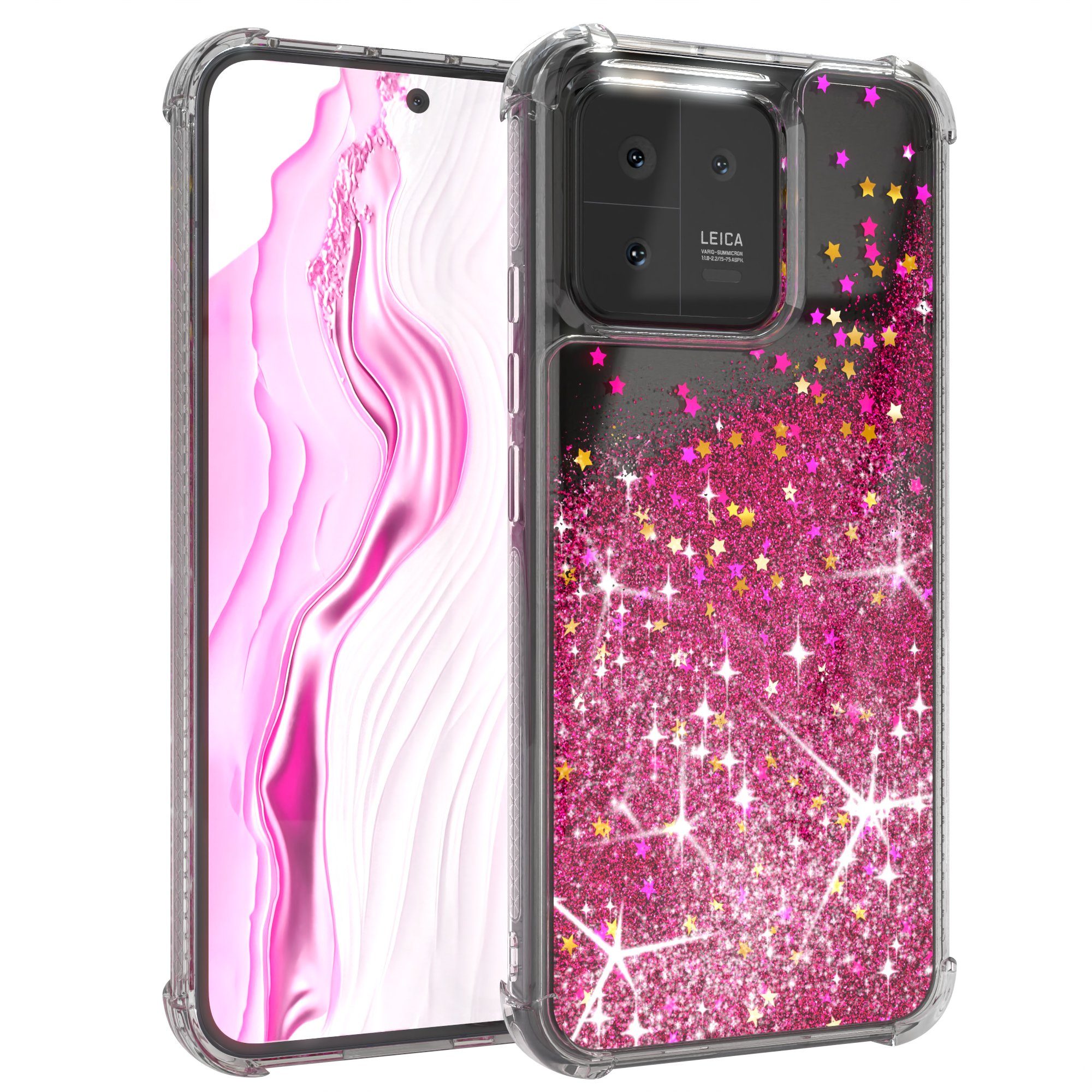 EAZY CASE Handyhülle Liquid Glittery Case für Xiaomi 13 6,36 Zoll, Glitzerhülle Shiny Slimcover stoßfest Durchsichtig Bumper Case Pink