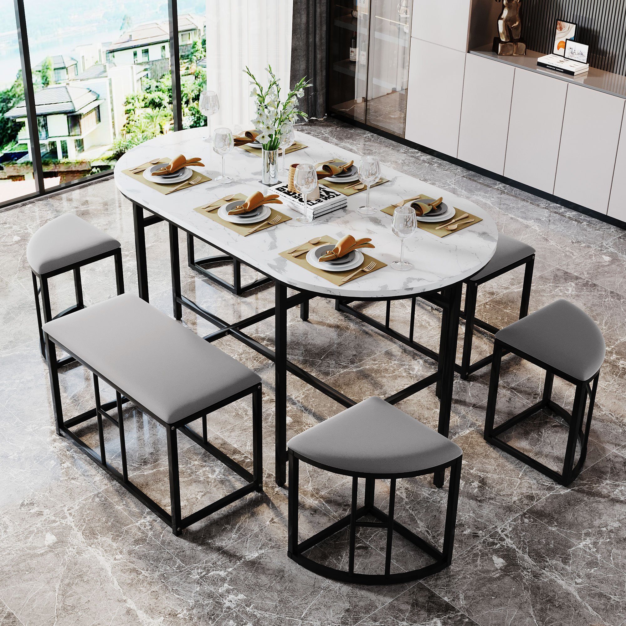 Essgruppe, (Küchentisch Set, 7-tlg., Esstisch mit 6 Hockers), Tisch in Marmoroptik, Samt Hocker, Stahlrahmen