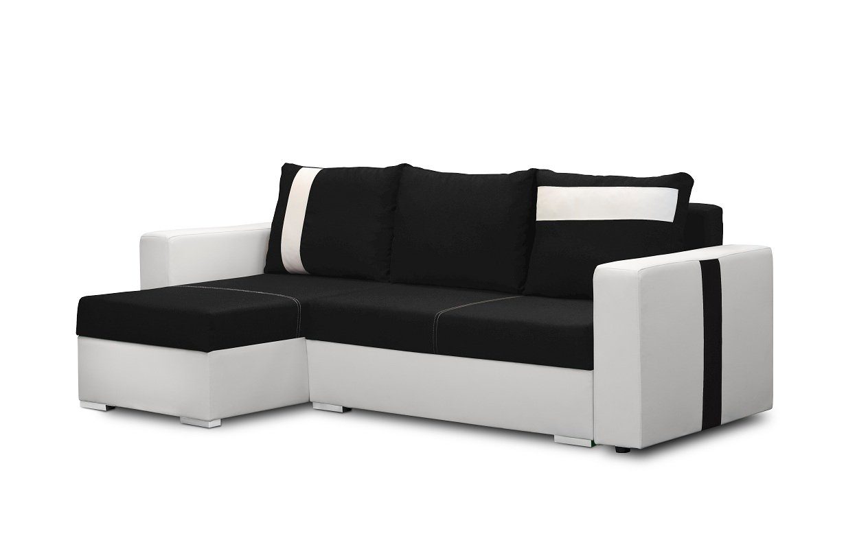 Furnix Schlafsofa NIPPUR Sofa in L-Form Polstercouch mit Schlaffunktion, 2x Bettkasten, DL-Ausziehautomatik, Maße: B230 x H90 x T145 cm, Sitzhöhe: 45 cm BH36+SF17 Weiß/Schwarz