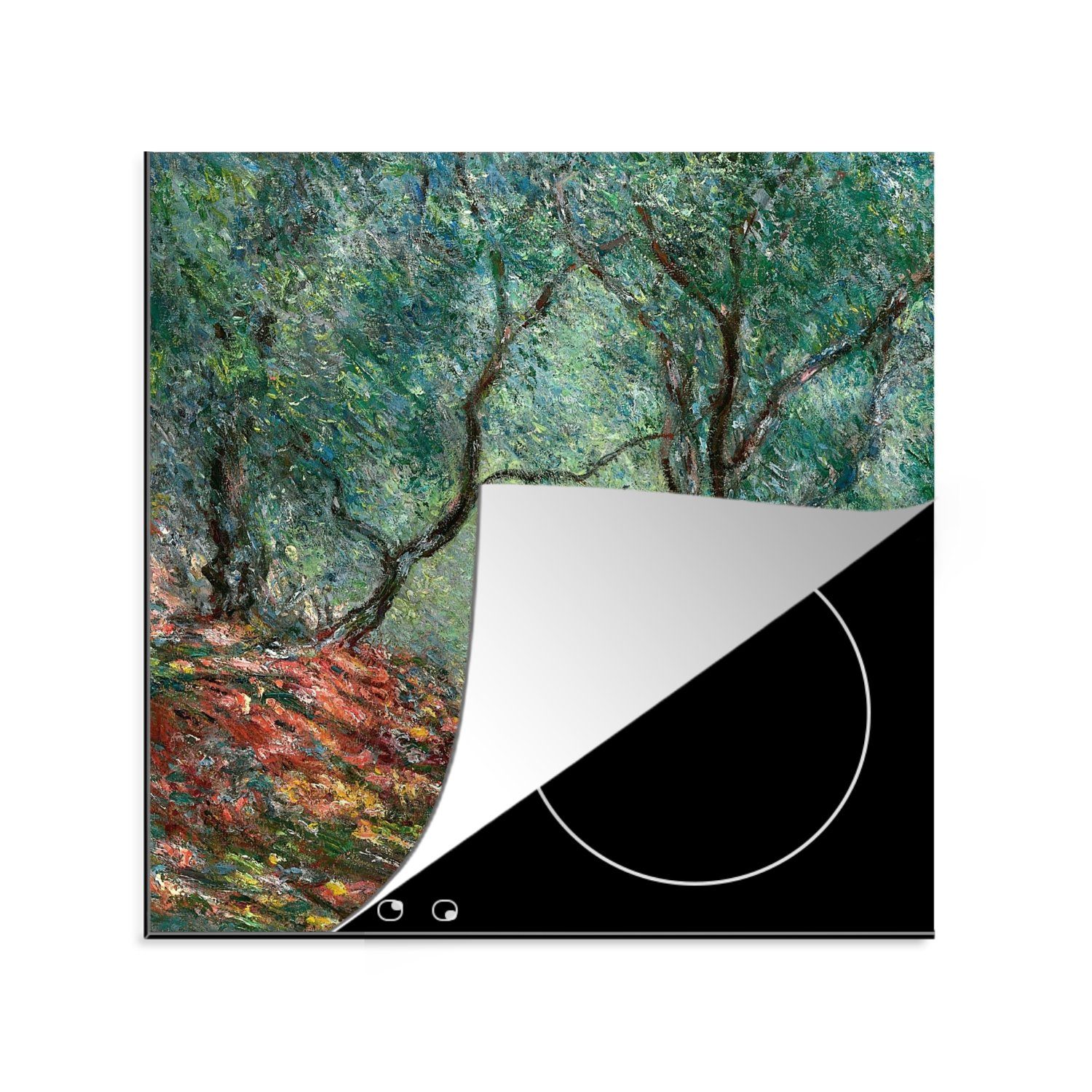 MuchoWow Herdblende-/Abdeckplatte Olivenbaumholz im Garten von Moreno - Gemälde von Claude Monet, Vinyl, (1 tlg), 78x78 cm, Ceranfeldabdeckung, Arbeitsplatte für küche