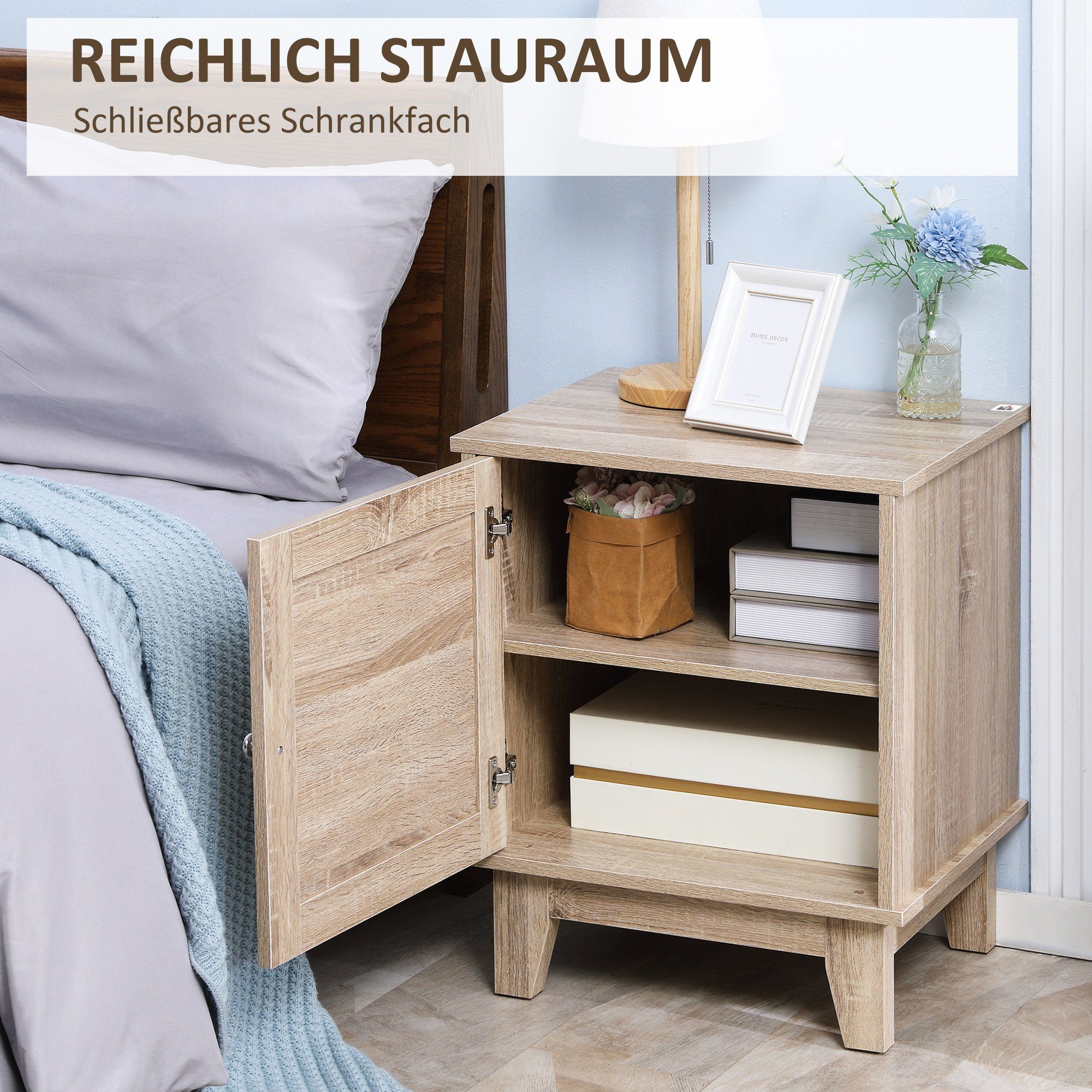 HOMCOM Nachttisch Mit Schublade & 2 Regalen – Natur-Optik, 45x35x73 Cm, Für Schlafzimmer & Wohnzimmer