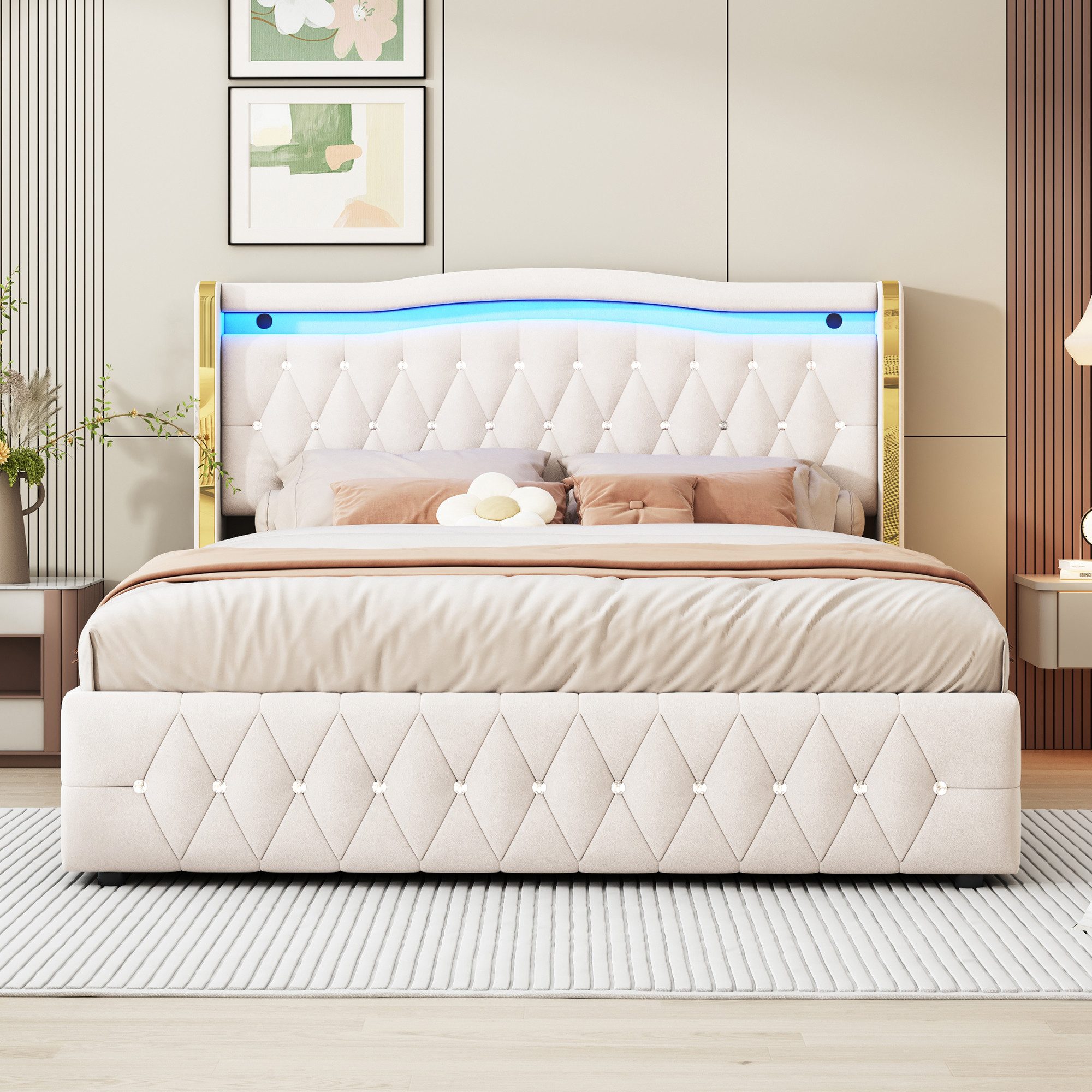 OKWISH Polsterbett Funktionsbett,Doppelbett,mit hellen Streifen für stabile günstig online kaufen