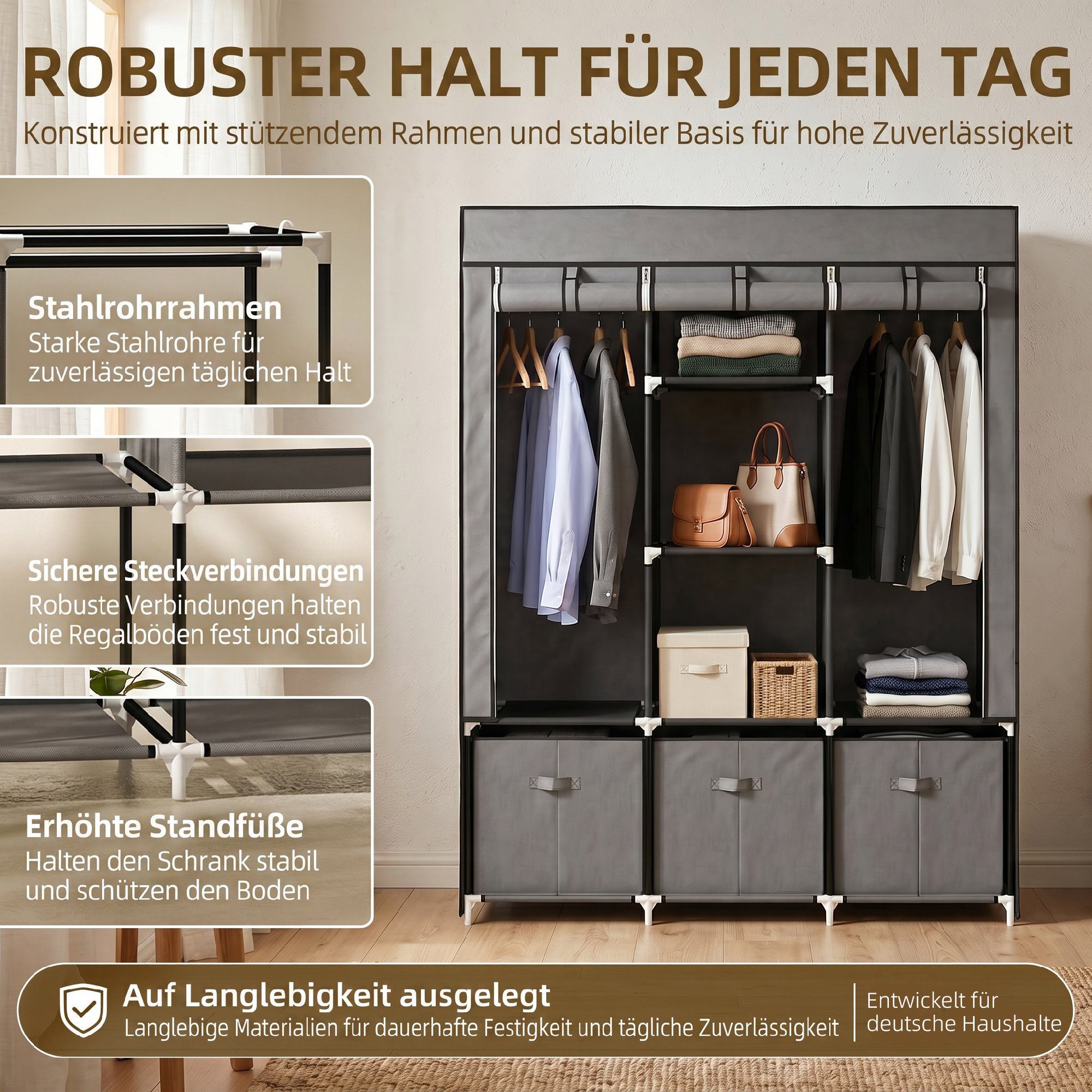 HOMCOM Stoffschrank Kleiderschrank mit Kleiderstange, Schubladen, Reißverschluss (Faltbare Garderobe, 1-St., Faltschrank) Dunkelgrau, 125 x 43 x 162,5 cm – Bild 5 von 5