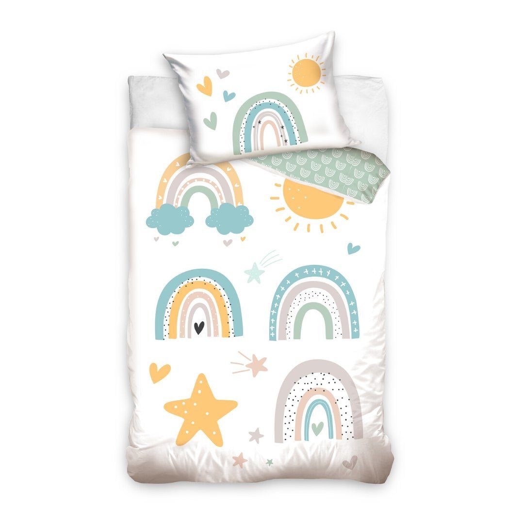 MTOnlinehandel Babybettwäsche Regenbogen Sonne Sterne & Herz 100x135 + 40x60 cm, 100 % Baumwolle, Renforcé, 2 teilig, Kleinkinderbettwäsche mit Reißverschluss – Bild 4 von 5