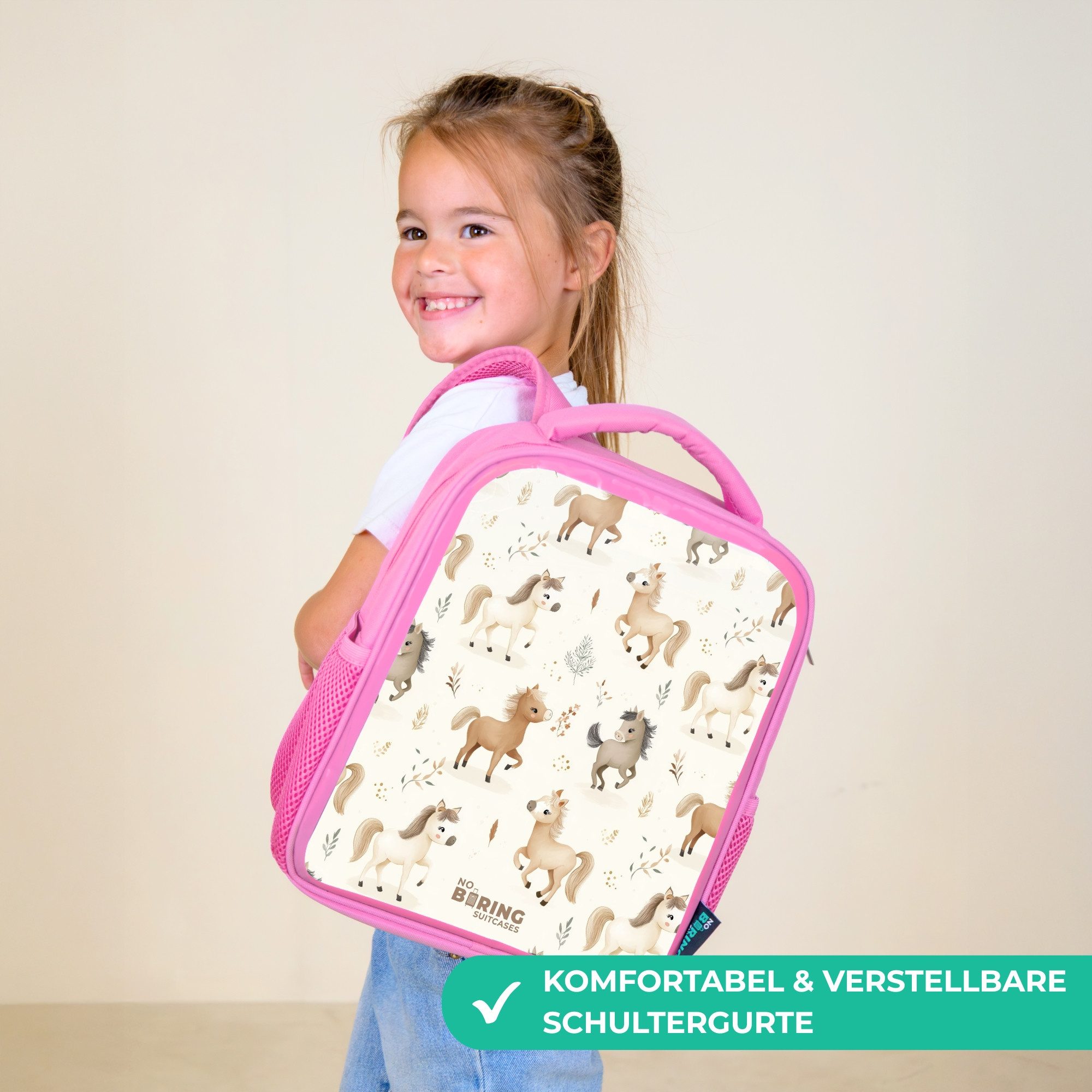 NoBoringSuitcases.com© Rucksack Rosa - Muster der Fohlen in den Farben beige und braun, Kinderrucksack, Schulrucksack, Freizeitrucksack, Mädchen, Kindergarten