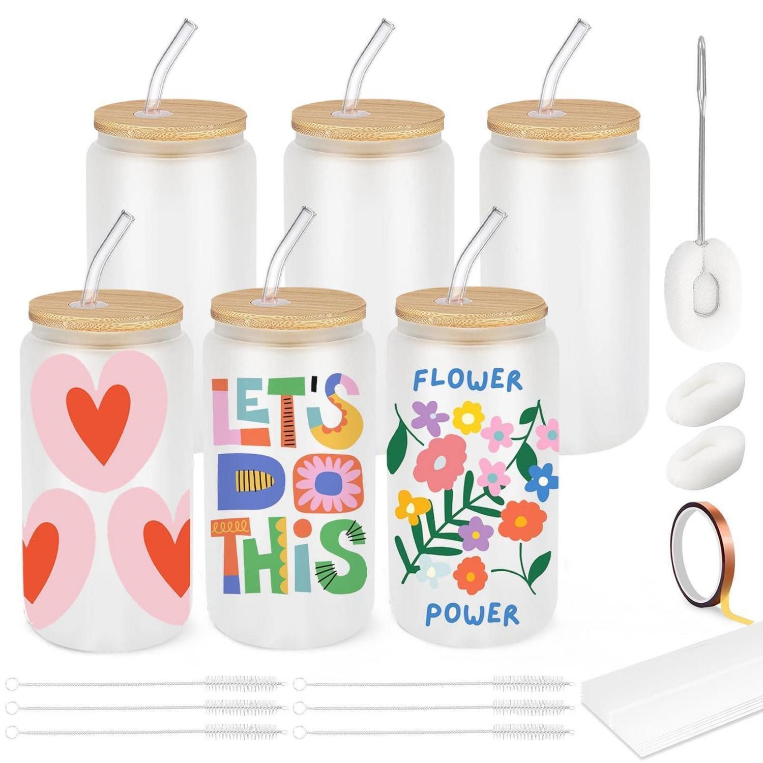 LuxusKollektion Gläser-Set Glasdosen Set 16OZ 6er Sublimation mit Strohhalm