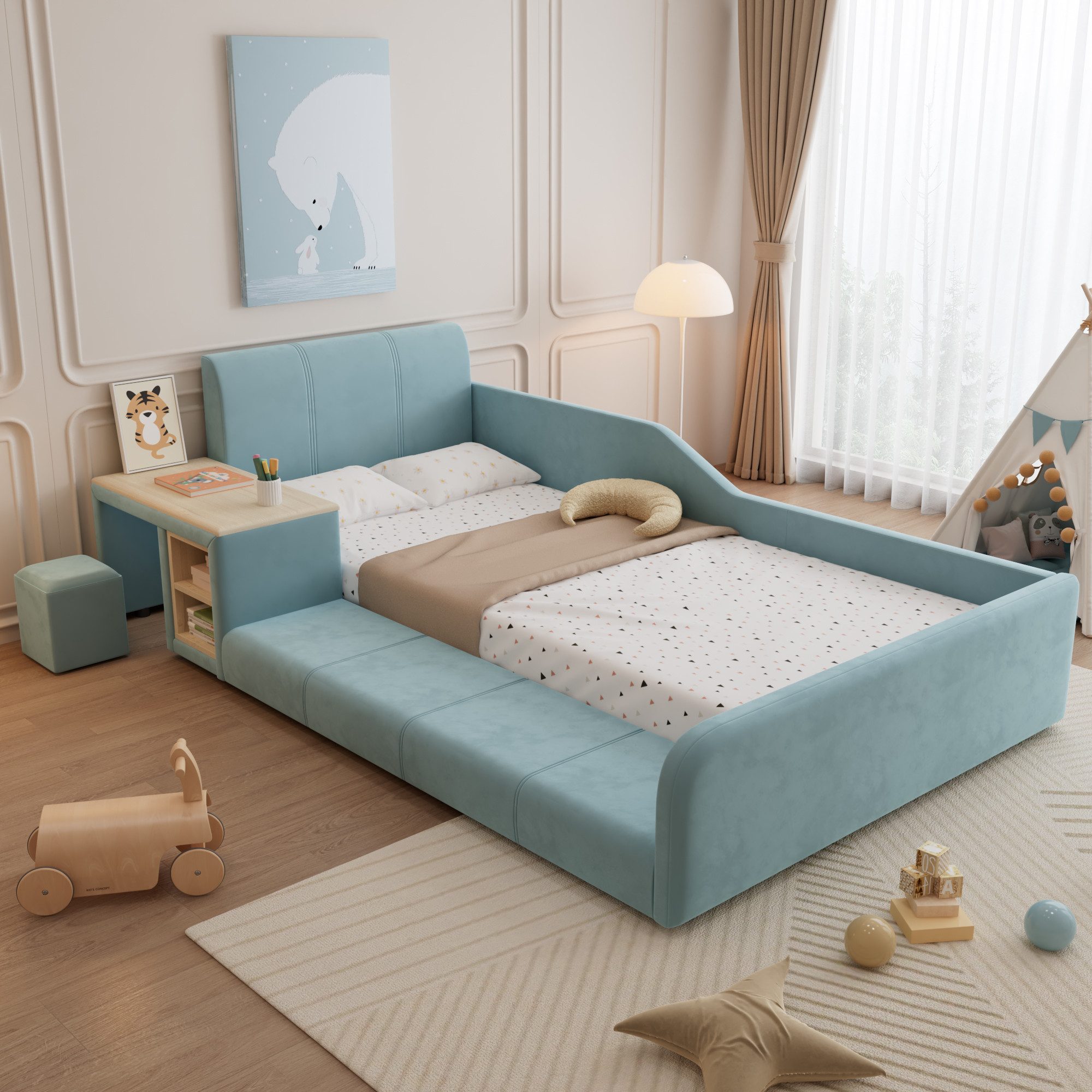 TavilaEcon Kinderbett Polsterbett mit Kinderschreibtisch und Hocker, mit Ablageboden, Samt, Einzelbett mit Holzlatten, Weiches Kopfteil, 90x200cm, Blau