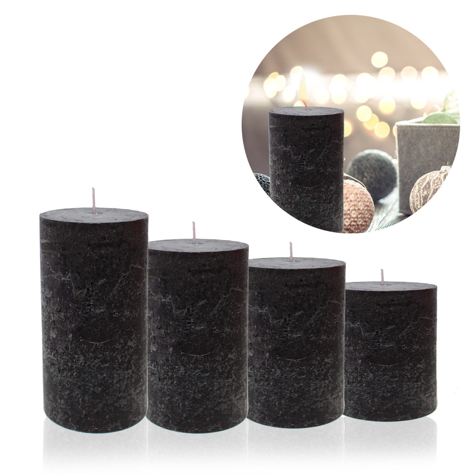 Candelo Stumpenkerze Kerzen Ambiente Rustic Stumpenkerzen - Schwarz - große Rustik Kerze (4er Set, 4-tlg., 12cm), lange Brenndauer ca. 54 Std Weihnachtskerzen Adventskranz