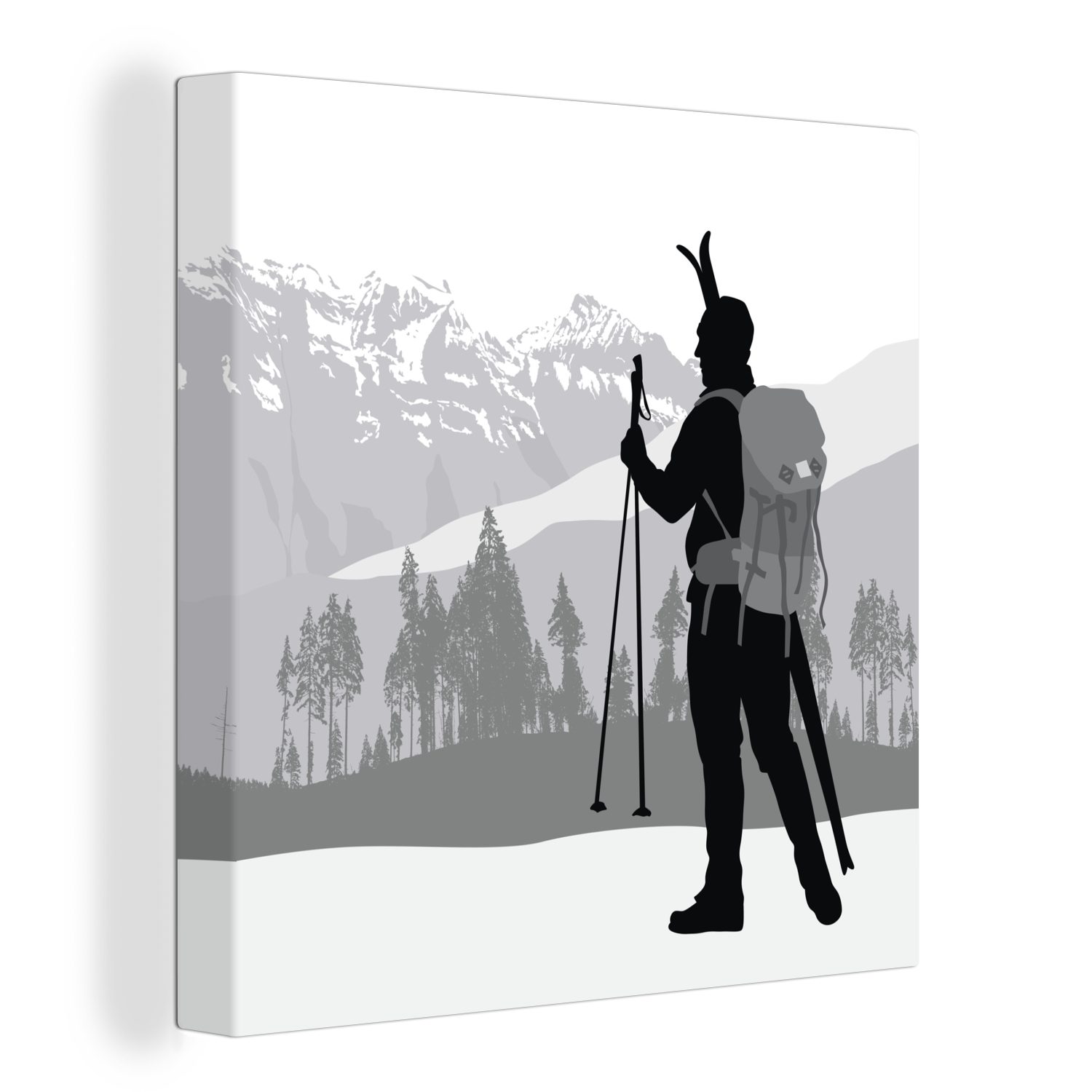 OneMillionCanvasses® Leinwandbild Eine Silhouette eines Skifahrers in einer Illustration, (1 St), Leinwand Bilder für Wohnzimmer Schlafzimmer