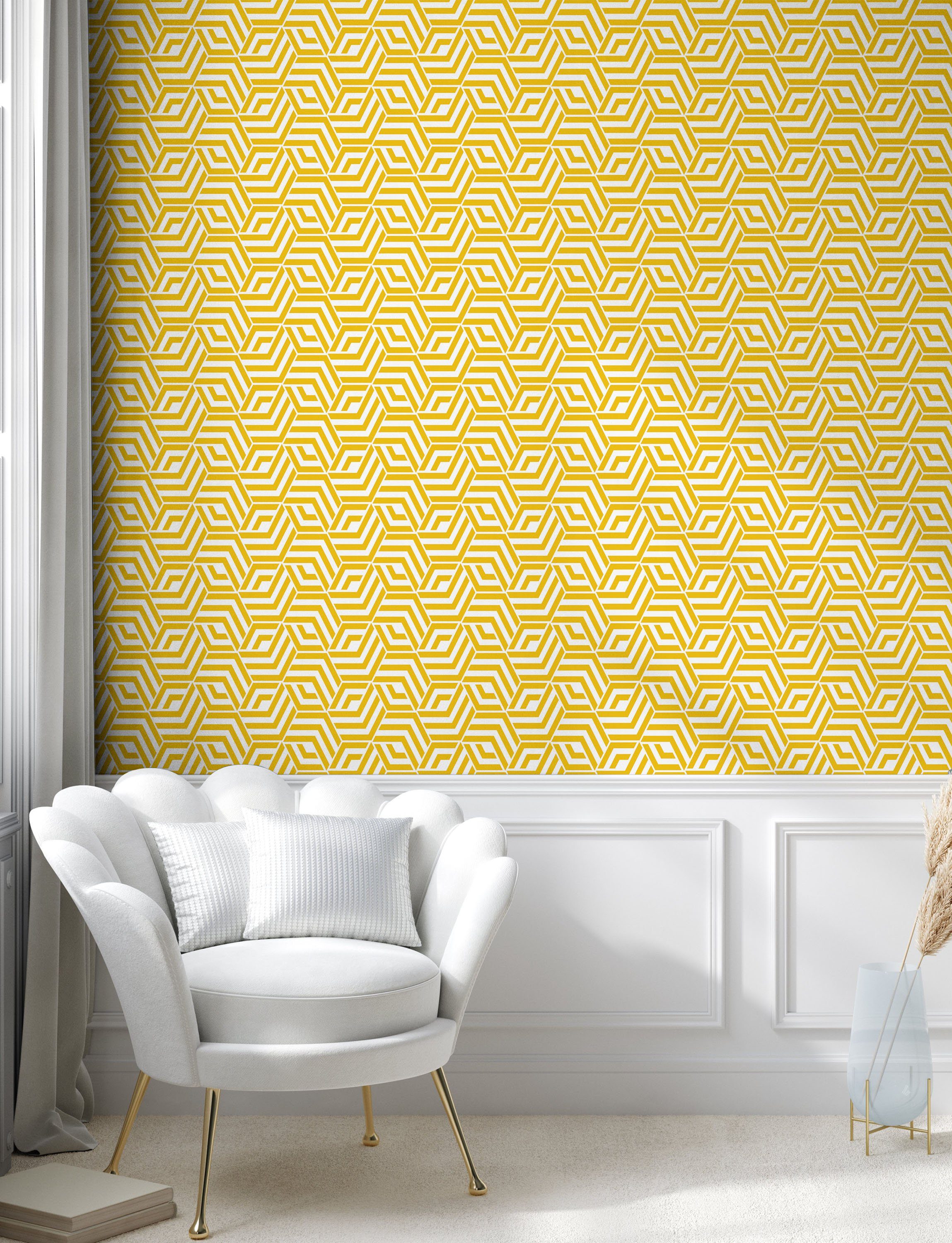 Abakuhaus Vinyltapete selbstklebendes Küchenakzent, Hexagons Wohnzimmer Yellow Chevron Gitter