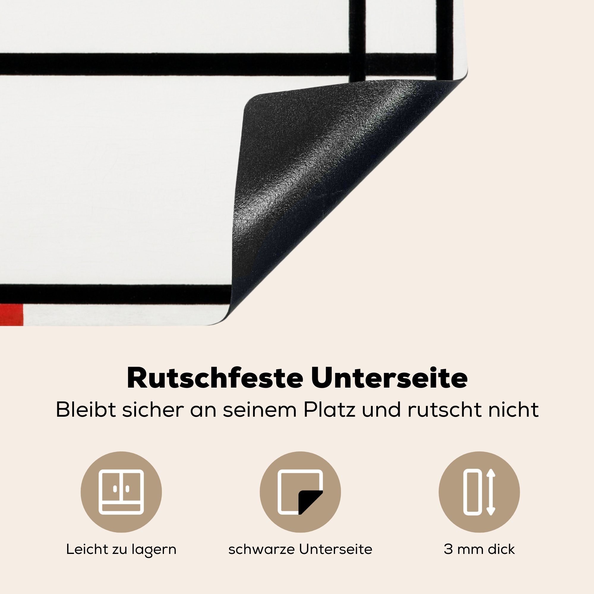 MuchoWow Herdblende-/Abdeckplatte Mondrian, Rot für Ceranfeldabdeckung, - Vinyl, küche und Weiß (1 cm, mit tlg), 78x78 Piet Arbeitsplatte Komposition