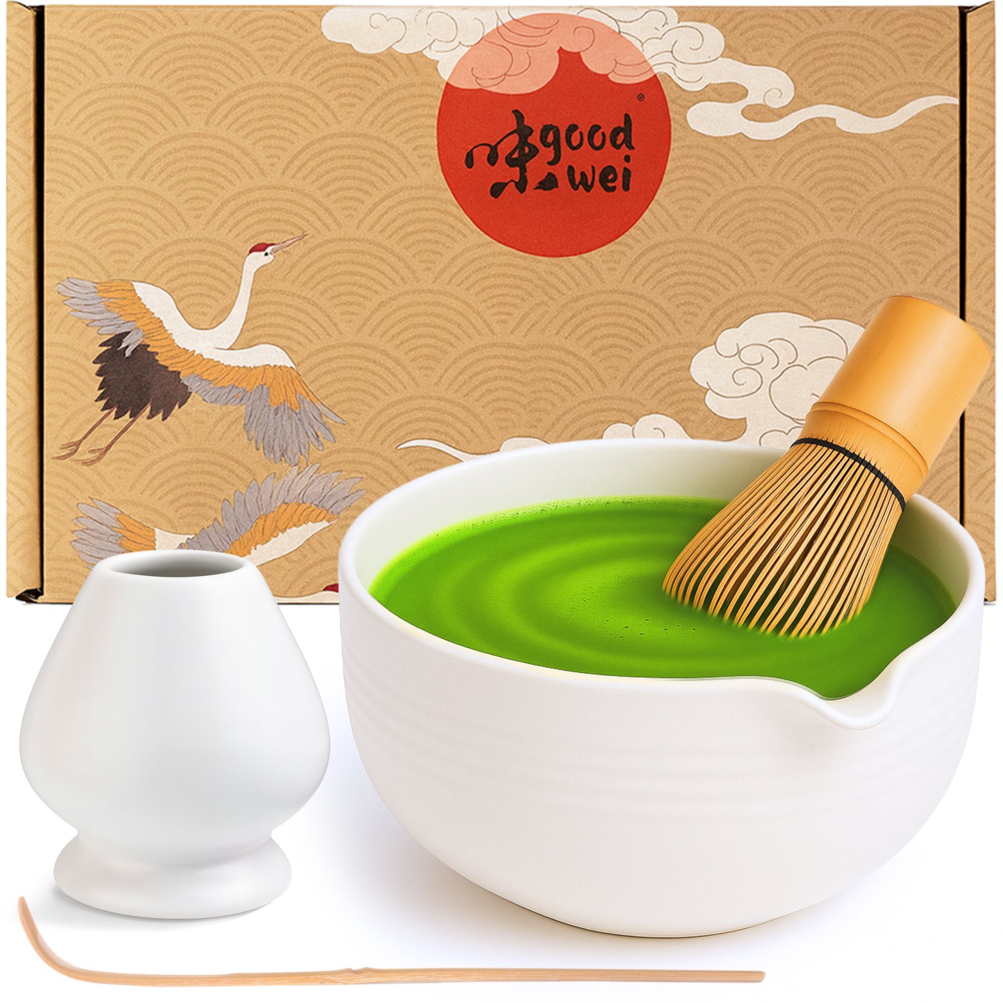 Goodwei Teeservice Matcha Set "Camellia White" - Schale mit Ausgießer, Besen und Halter (4-tlg), 1 Personen, Keramik, handgearbeitet