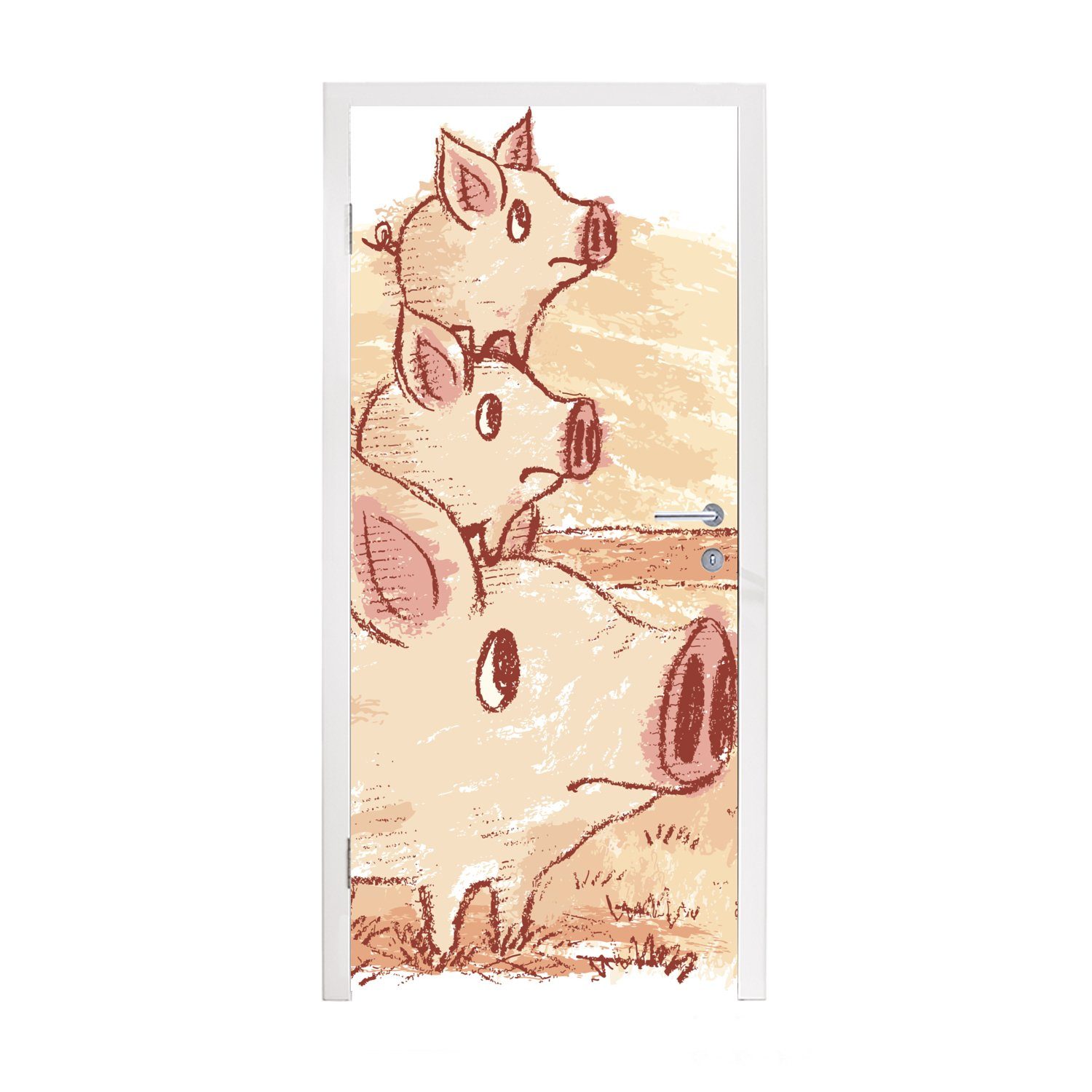MuchoWow Türtapete Eine Illustration eines Schweins mit zwei Ferkeln, Matt, bedruckt, (1 St), Fototapete für Tür, Türaufkleber, 75x205 cm | Türtapeten