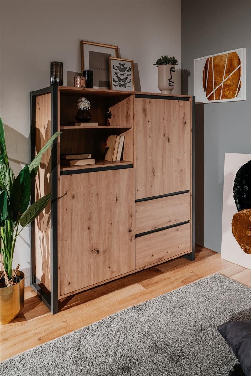 möbelvita Highboard Highboard Portland 51 in Artisan Oak - Griffleiste mit Schrägkante