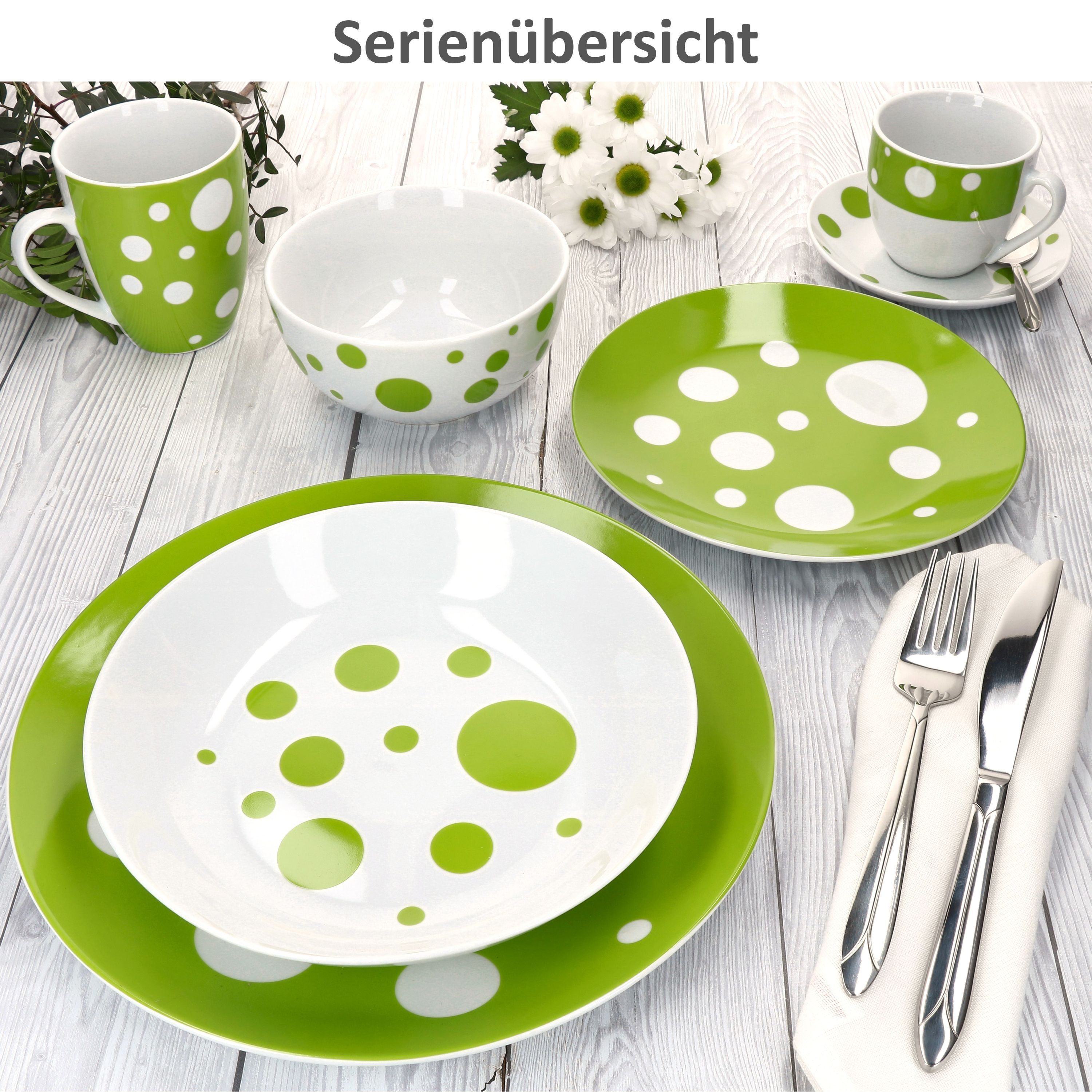 MamboCat Suppenteller Pula grün 6er Set Suppenteller 450ml Porzellan tiefe Teller Punkte