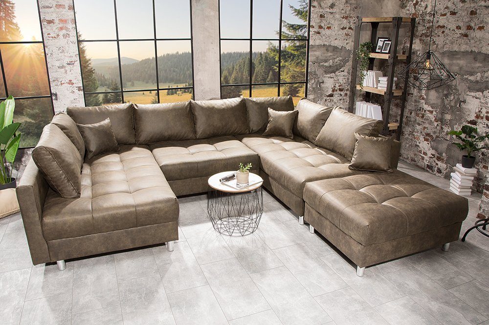 riess-ambiente Wohnlandschaft KENT taupe Kissen · Federkern Modern Design mit 4 305cm · XXL · Hocker silber, inkl. Microfaser / · mit Teile