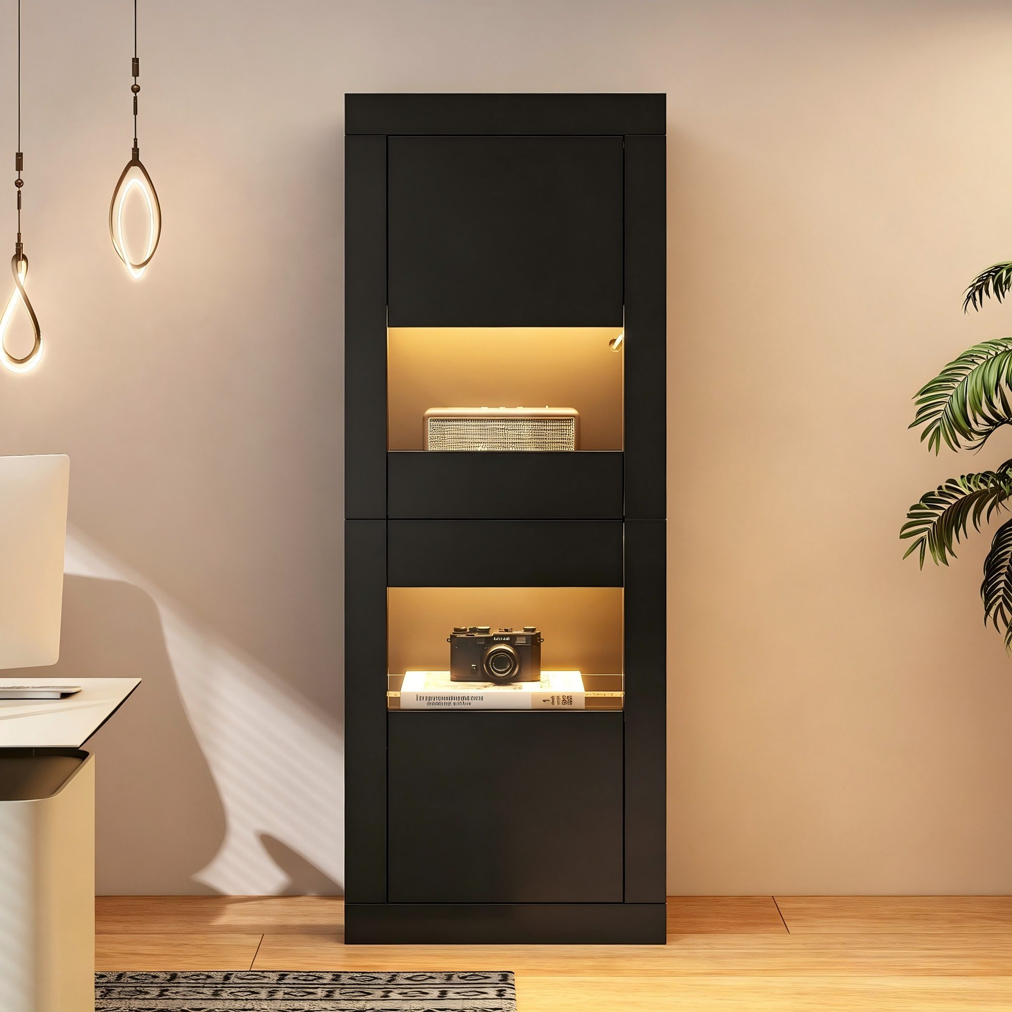 Merax Standvitrine Vitrine mit LED-Beleuchtung inkl.APP (1-St) Hochschrank mit erstellbaren Glasböden & Kippsicherung, 61x42x162 cm