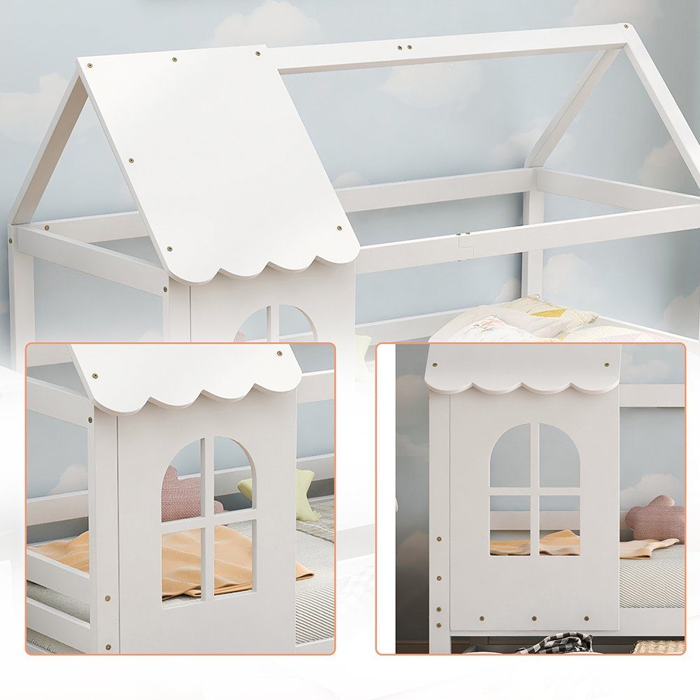 Hausbett (Kinderbett 200x90 cm), Jugendbett mit Rausfallschutz, 2 Schubladen und Lattenrost, Kiefer
