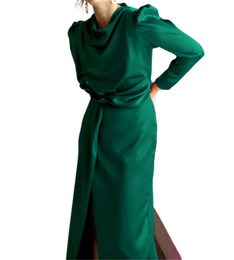 L.Ru UG Abendkleid Kleid aus Satin mit drapiertem Kragen und Puffärmeln  (1-tlg., eleganter Herbst- und Winterstil mit Schlitz) Abendkleid,  High-End-Satinkleid