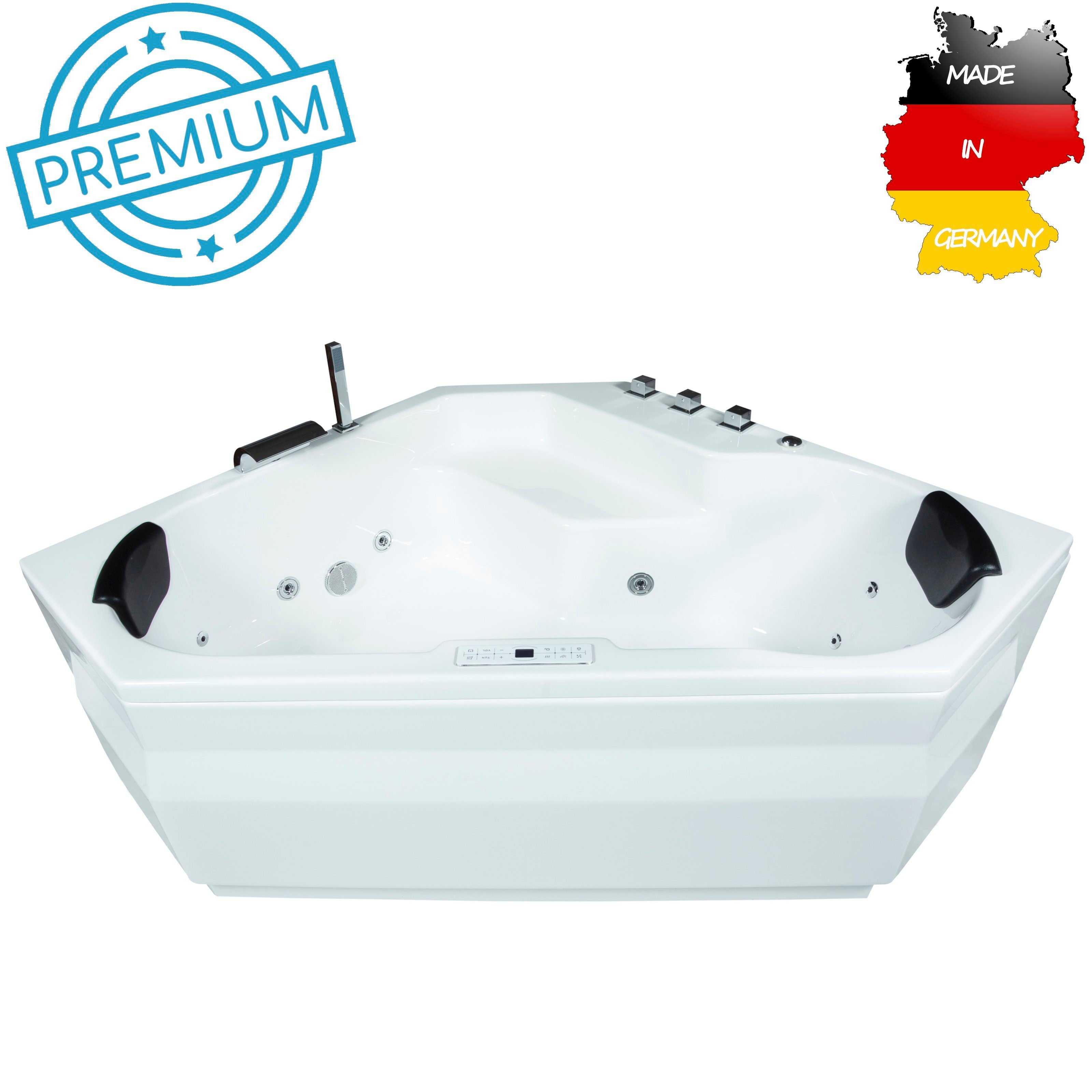 Basera® Whirlpool-Badewanne PREMIUM Indoor Eck-Whirlpool Badewanne Capri 145 x 145 cm, (Komplett-Set), mit 24 Massagedüsen, Heizung, Wasserdesinfektion, Bodenansaugung, W...