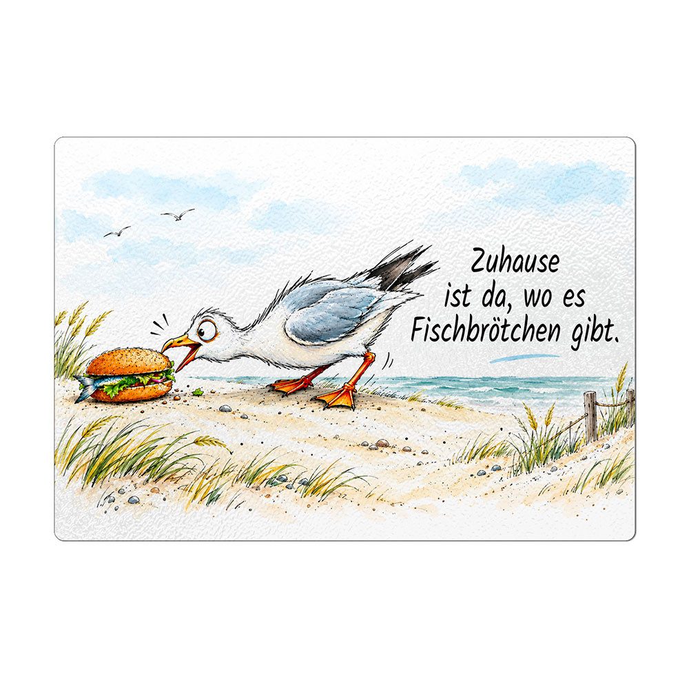Cadouri Frühstücksbrett Maritimes Glasschneidebrett mit Möwe & Fischbrötchen - 28,5 × 20 cm, Glas, (1-St., 1 Schneidebrettchen mit 4 rutschhemmenden Gummifüßchen), Glasbrettchen mit strukturierter Oberfläche und abgerundeten Ecken
