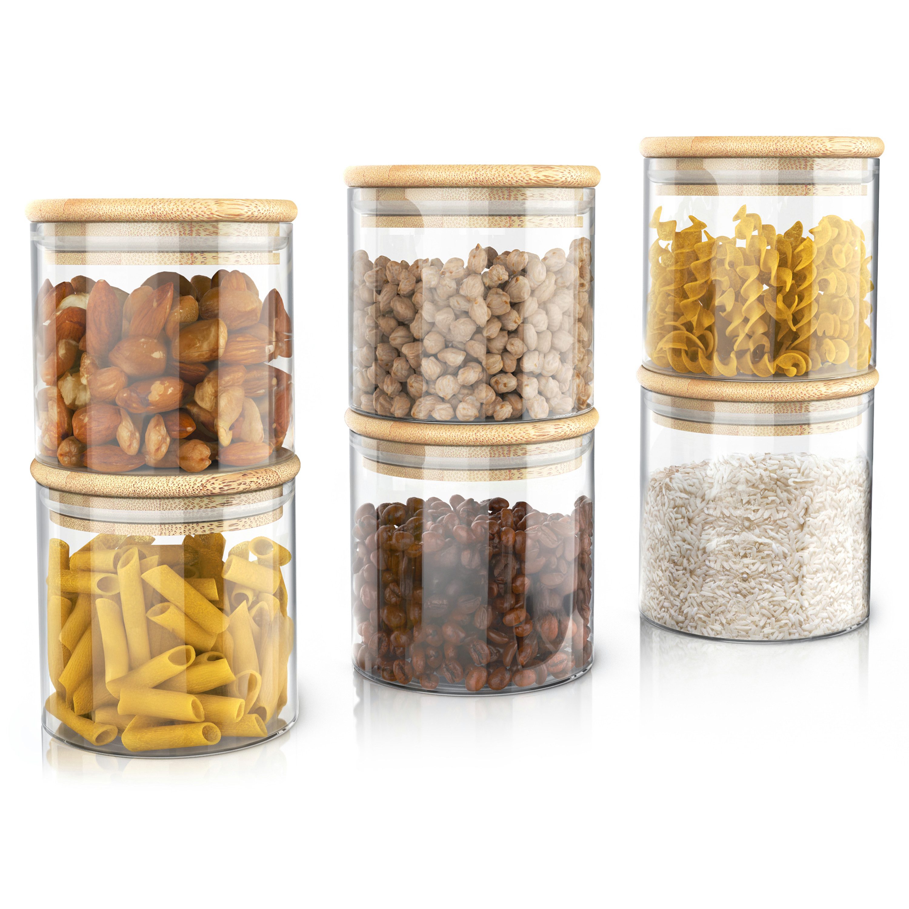 Arendo Aufbewahrungsbecher Glasbehälter-Set 6x 0,75 L Borosilikatglas mit Bambusdeckel, luftdicht, Borosilikatglas, Bambus, Silikon, (Vorratsbehälter-Set, 6-tlg., 6er Set), Hitzebeständig, umweltfreundlich, langlebig, mikrowellengeeignet