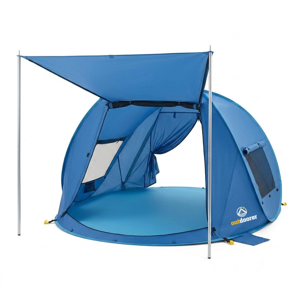 outdoorer Strandmuschel Pop-Up Beach Air Max mit UV 80-Sonnenschutz, Vordach & Belüftung, Personen: 4, verschließbare XXL-Strandmuschel mit kleinem Packmaß, koffergeeignet