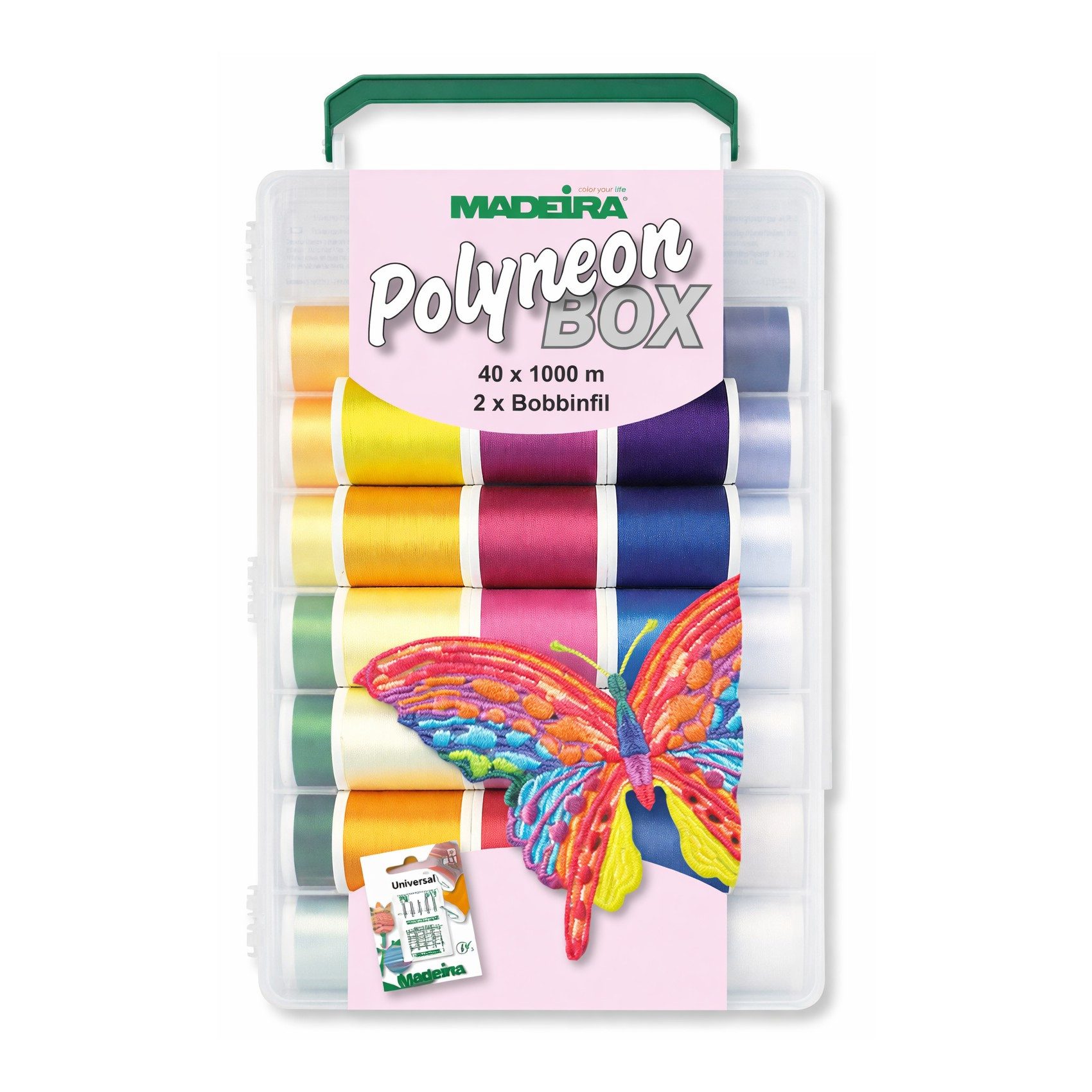 Madeira - Garnkoffer Polyneon No.40/ 40 Farben / 1000 m + 2 Bobbinfil Stickgarn