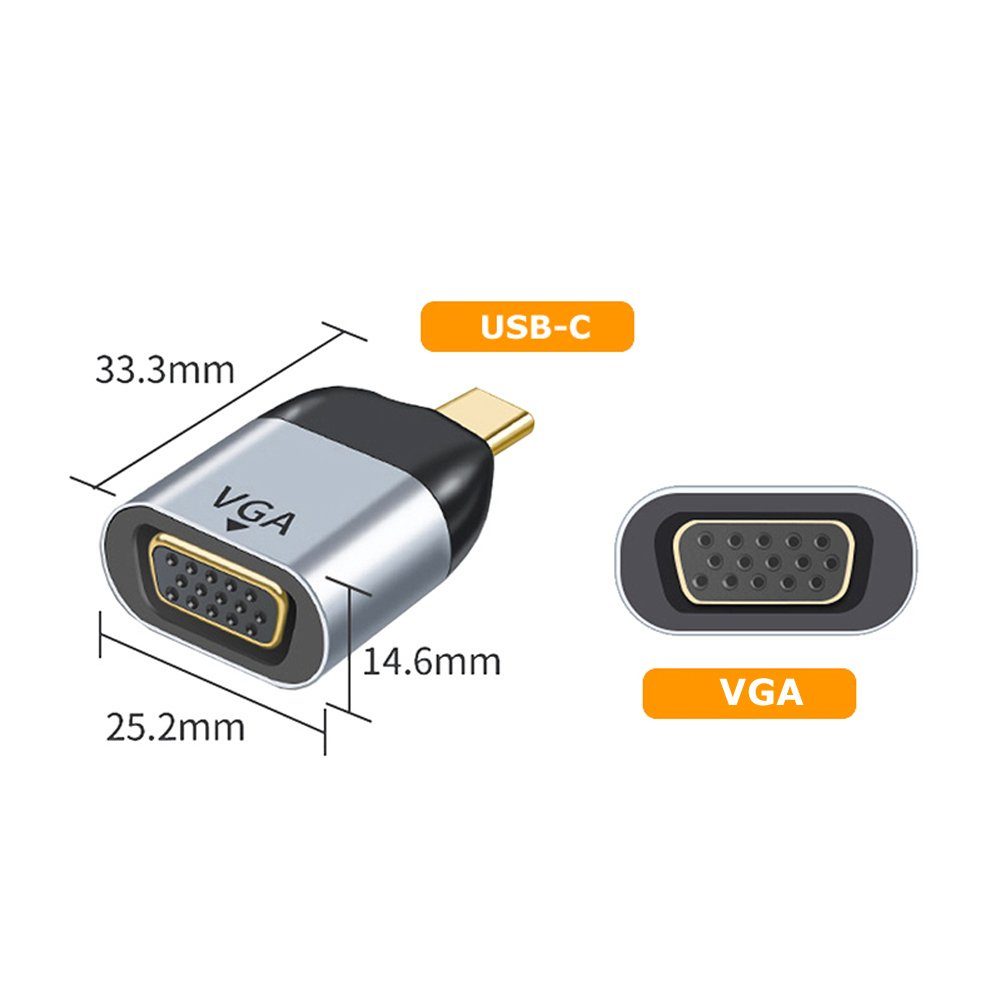 Bolwins F29 USB-C VGA Adapter Kabel 3D 1080p für TV PC Laptop Tablet Handy Audio- & Video-Adapter USB-C zu VGA, 0 cm, USB-C auf VGA Adapter, Full HD 1080p@60Hz