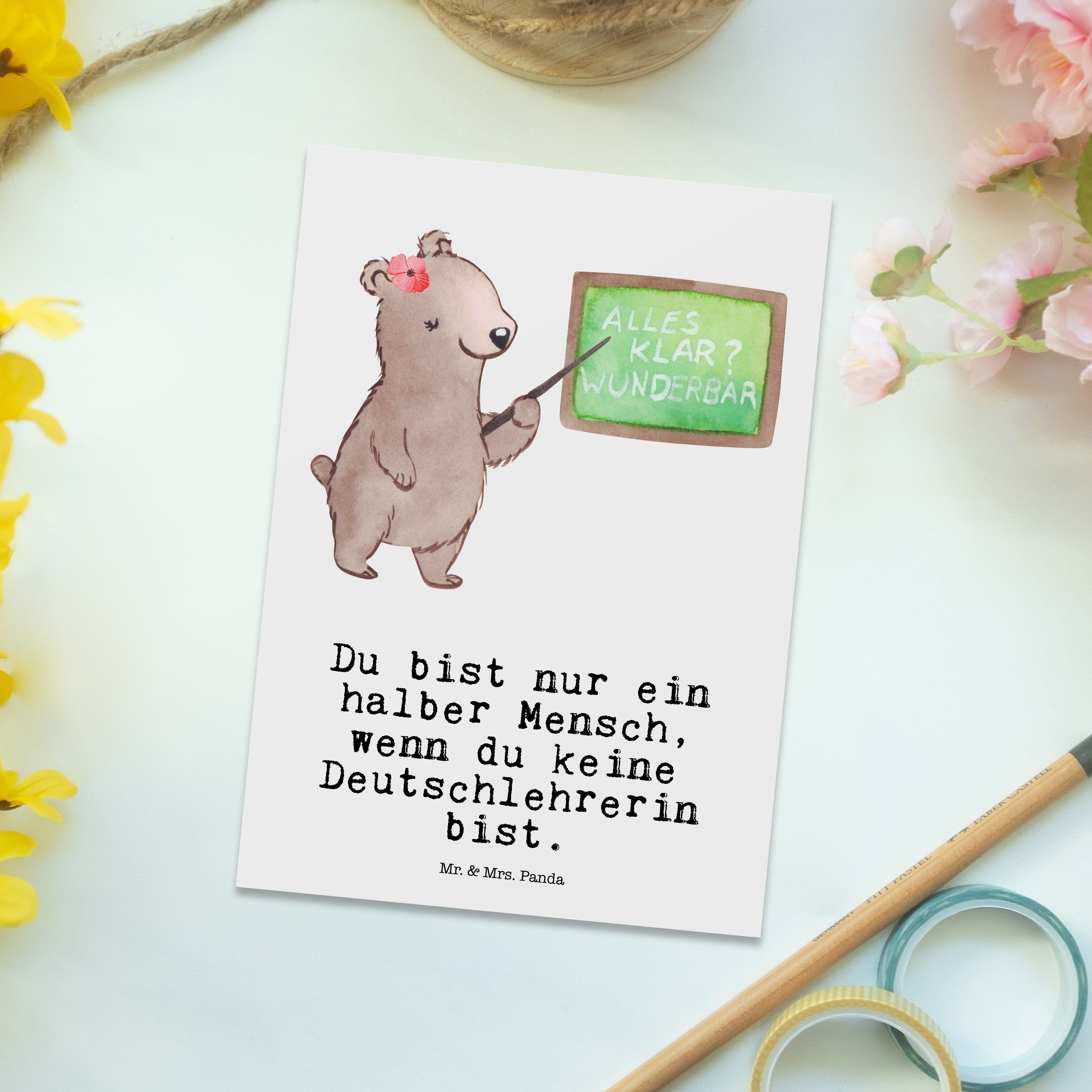 Mr. & Mrs. Schule, Herz - Weiß mit Dank Geschenk, - Postkarte Deutschlehrerin Panda Grundschule