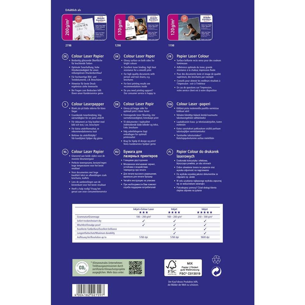 Avery Zweckform Laser-Druckerpapier Avery Zweckform Business Colour Laser Papier, A4 1198, Optimiert für Laser, Glänzend, Beide Seiten bedruckbar