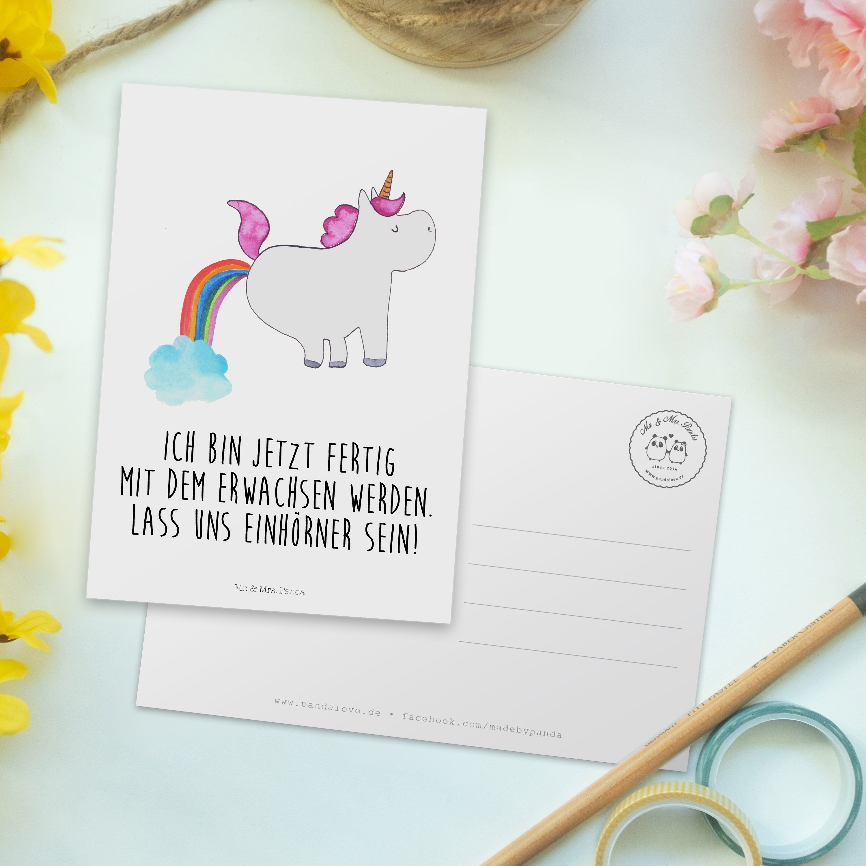 Mr. & Mrs. Panda Postkarte - Grußkart Pupsend Pegasus, Weiß Einhorn Erwachsenwerden, Geschenk, 