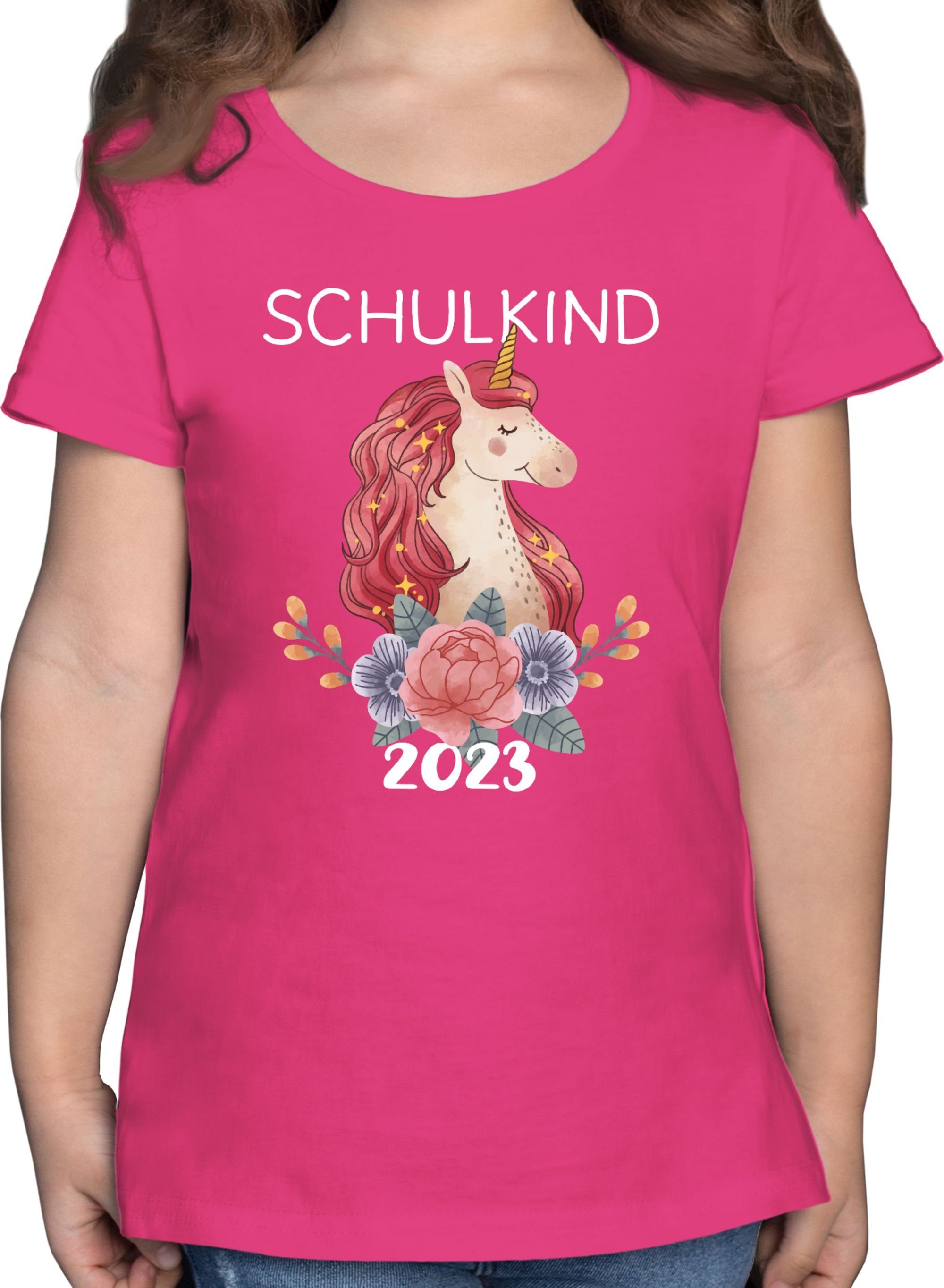 Shirtracer T-Shirt Schulkind 2023 mit Einhorn Einschulung Mädchen 1 Fuchsia