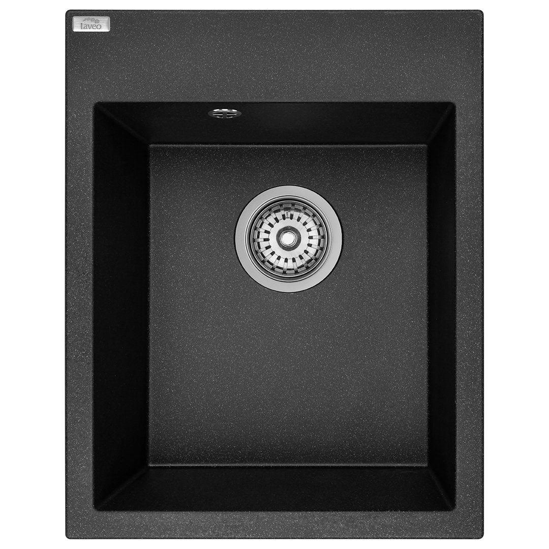 KOLMAN Küchenspüle Einzelbecken Monchichi Granitspüle, Rechteckig, 50/39 cm, Schwarz, Space Saving Siphon GRATIS