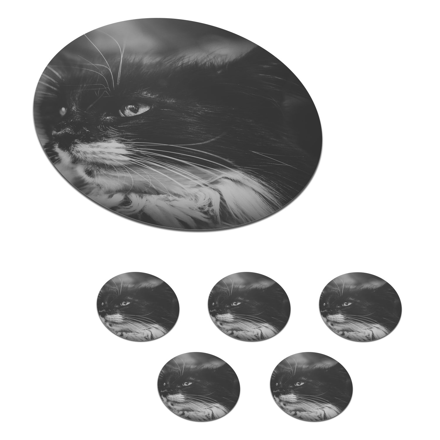 MuchoWow Glasuntersetzer Tierprofil seitwärts blickende Katze in Schwarz und Weiß, Zubehör für Gläser, 6-tlg., Getränkeuntersetzer, Tassenuntersetzer, Korkuntersetzer, Tasse, Becher