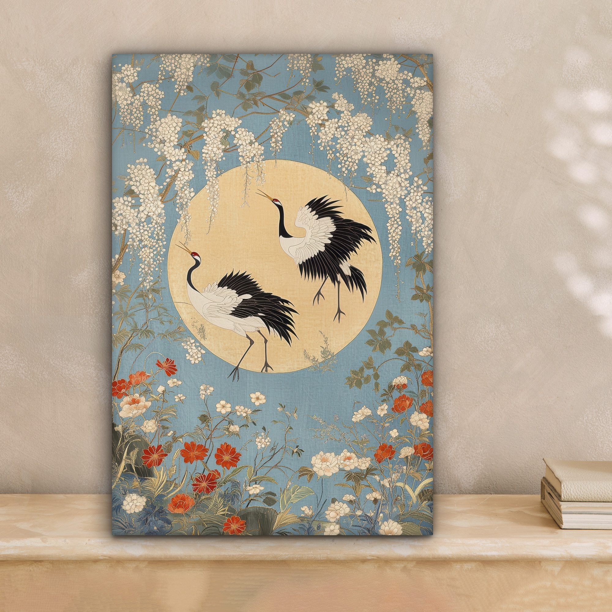 OneMillionCanvasses® Leinwandbild Kraniche - Mond - Blumen - Blau, Fotodruc günstig online kaufen